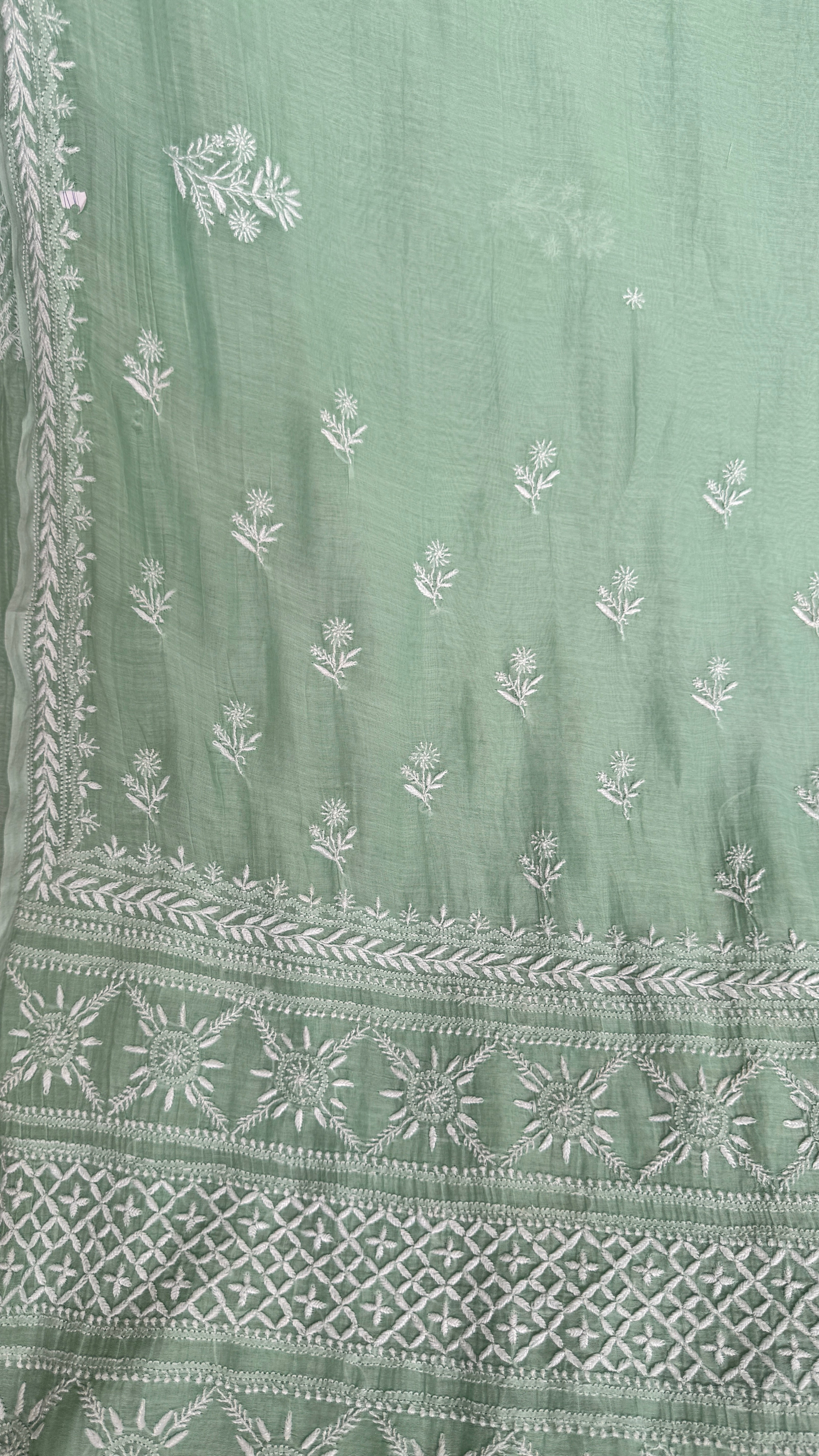 Pure Mul Chanderi Chikankari saree in Green