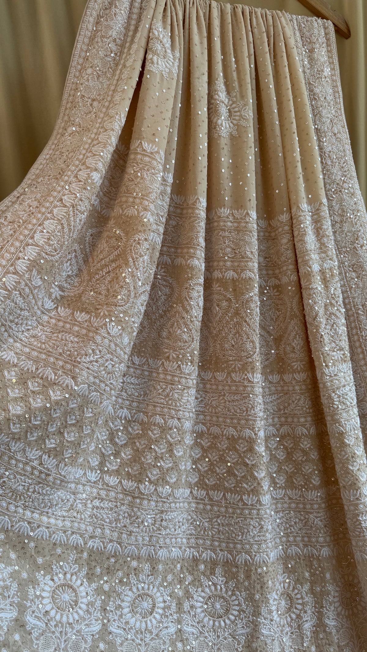 Pure Georgette Lucknow Chikankari Saree -Champagne Beige- Rooh Collection