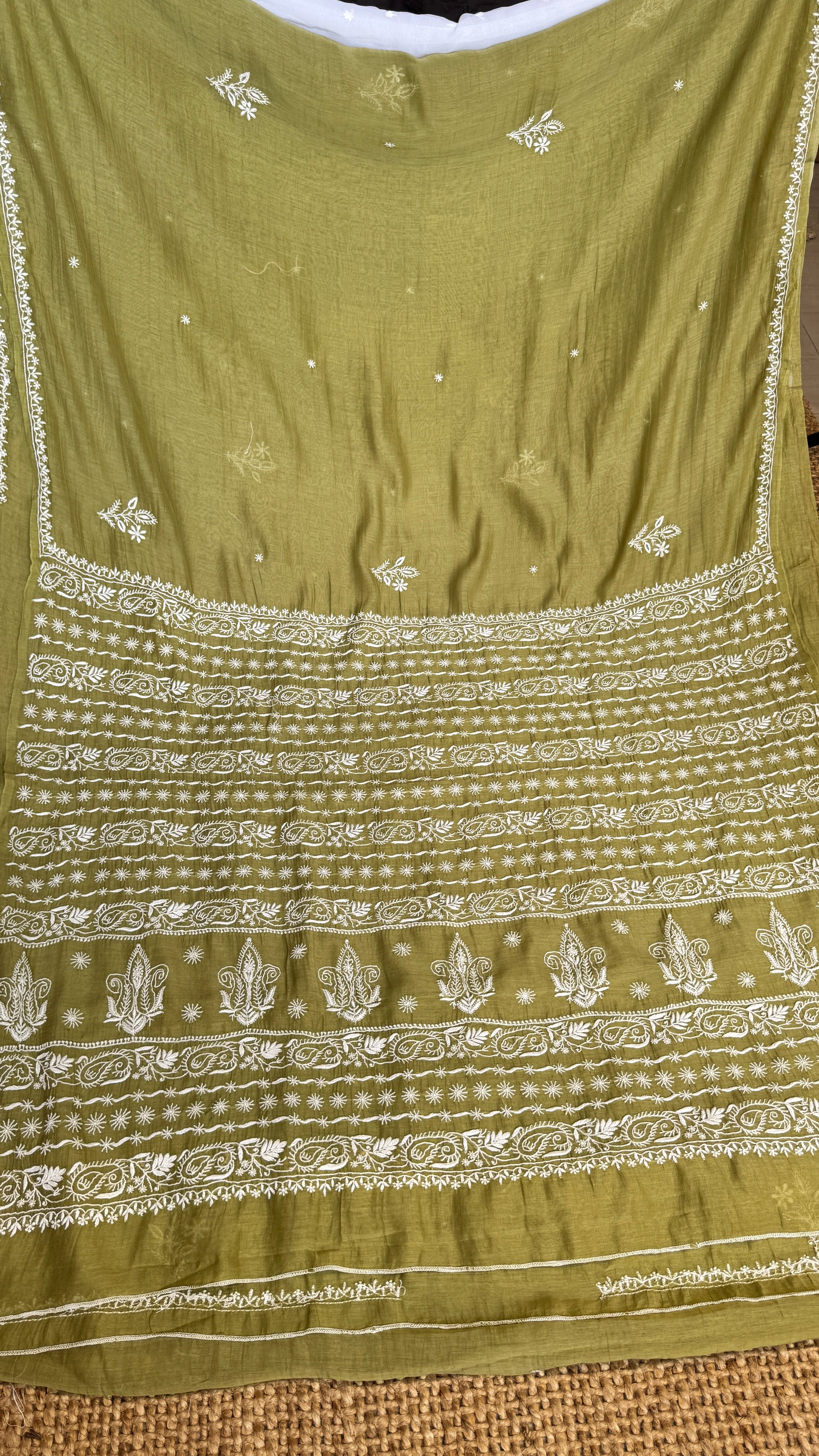 Pure Mul Chanderi Chikankari saree in Mehandi Green