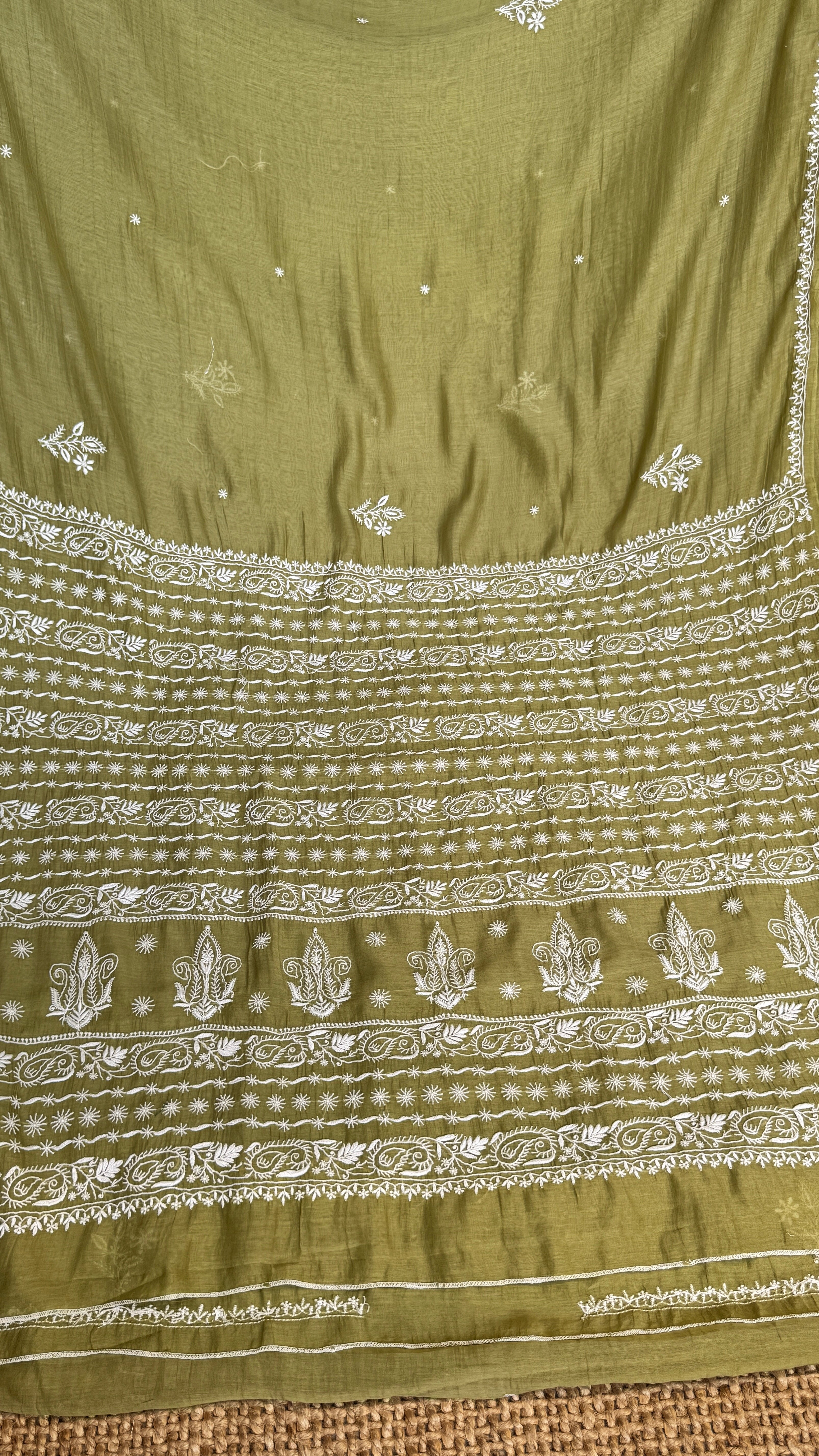 Pure Mul Chanderi Chikankari saree in Mehandi Green