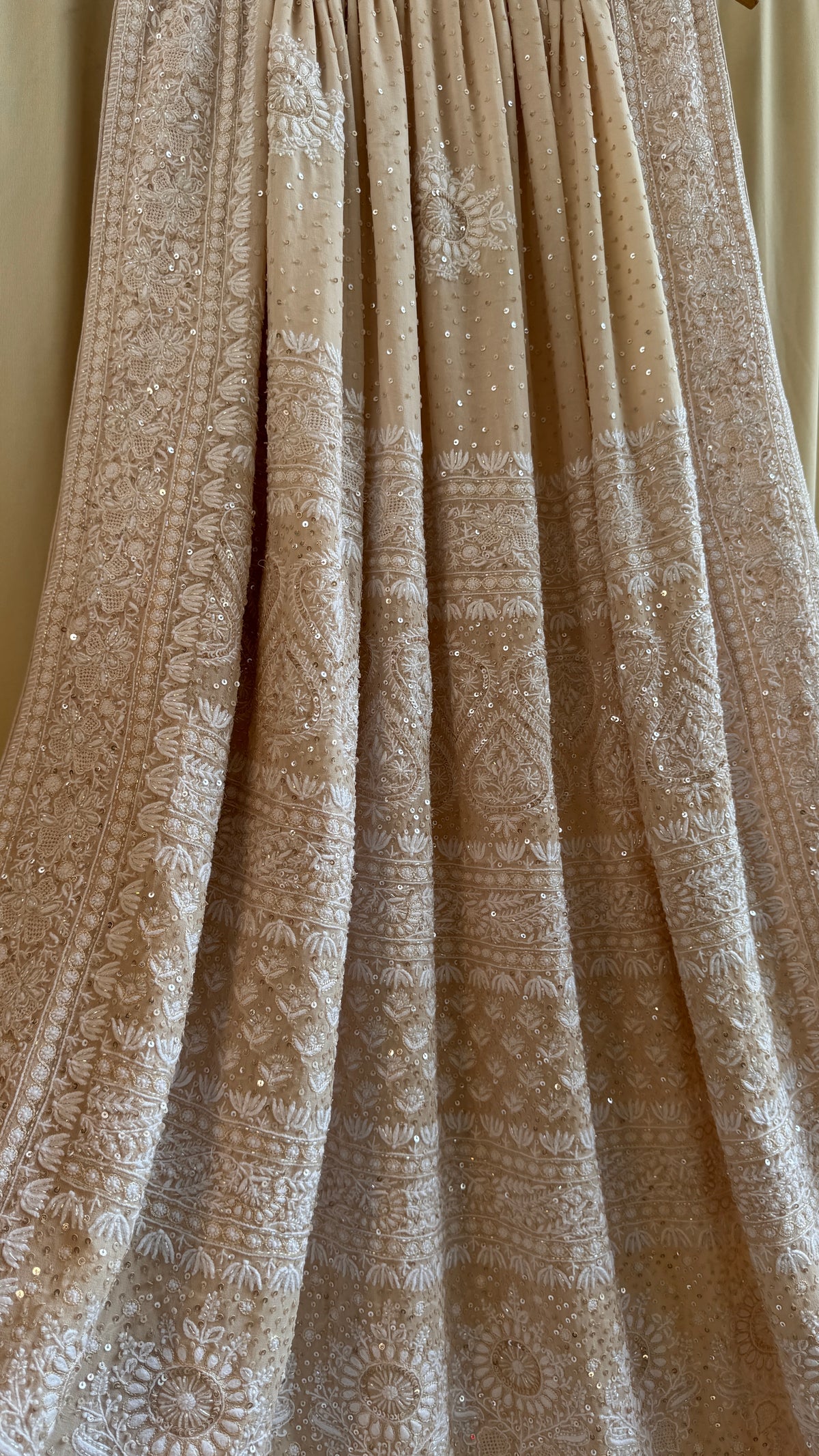 Pure Georgette Lucknow Chikankari Saree -Champagne Beige- Rooh Collection