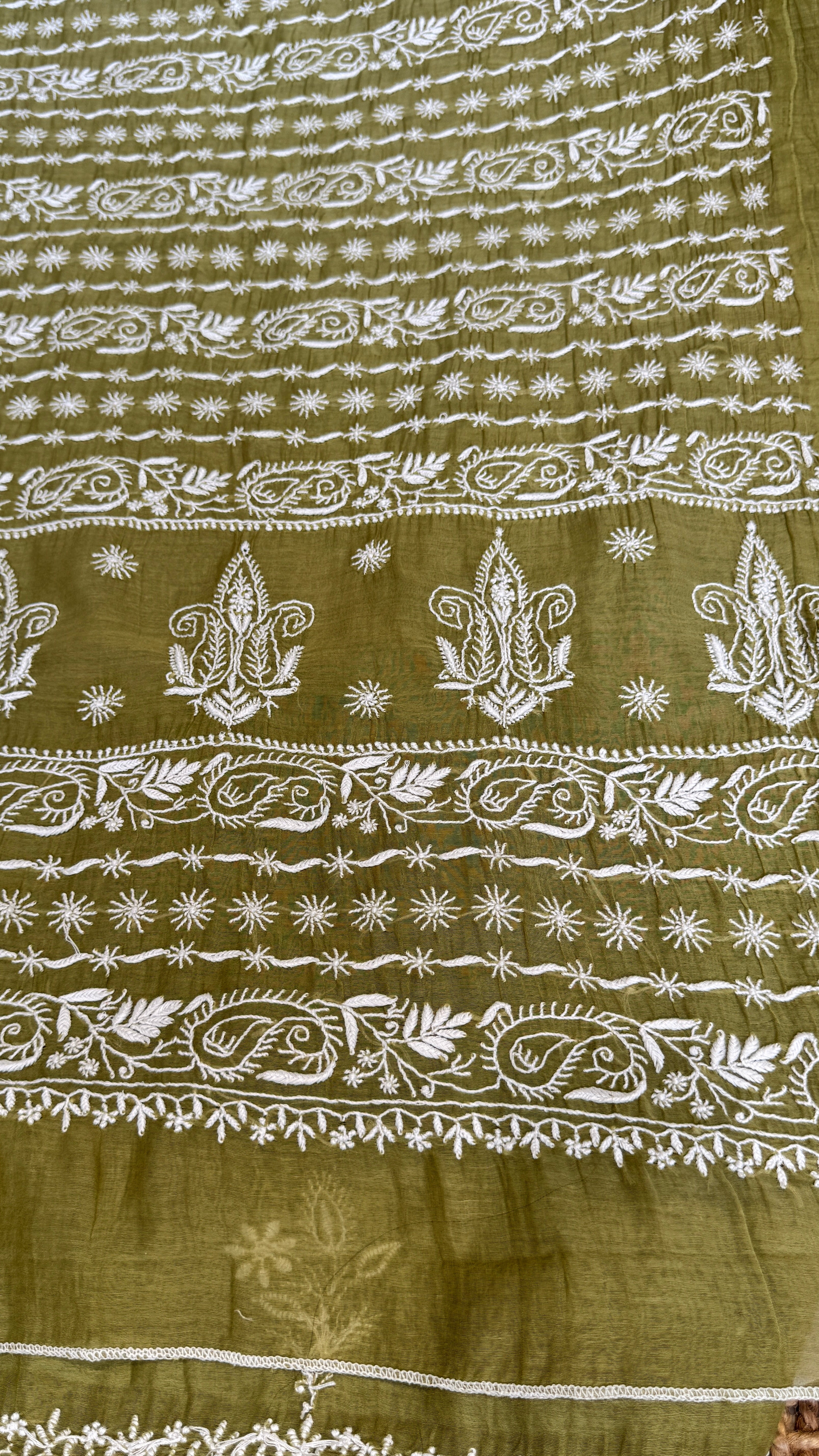 Pure Mul Chanderi Chikankari saree in Mehandi Green