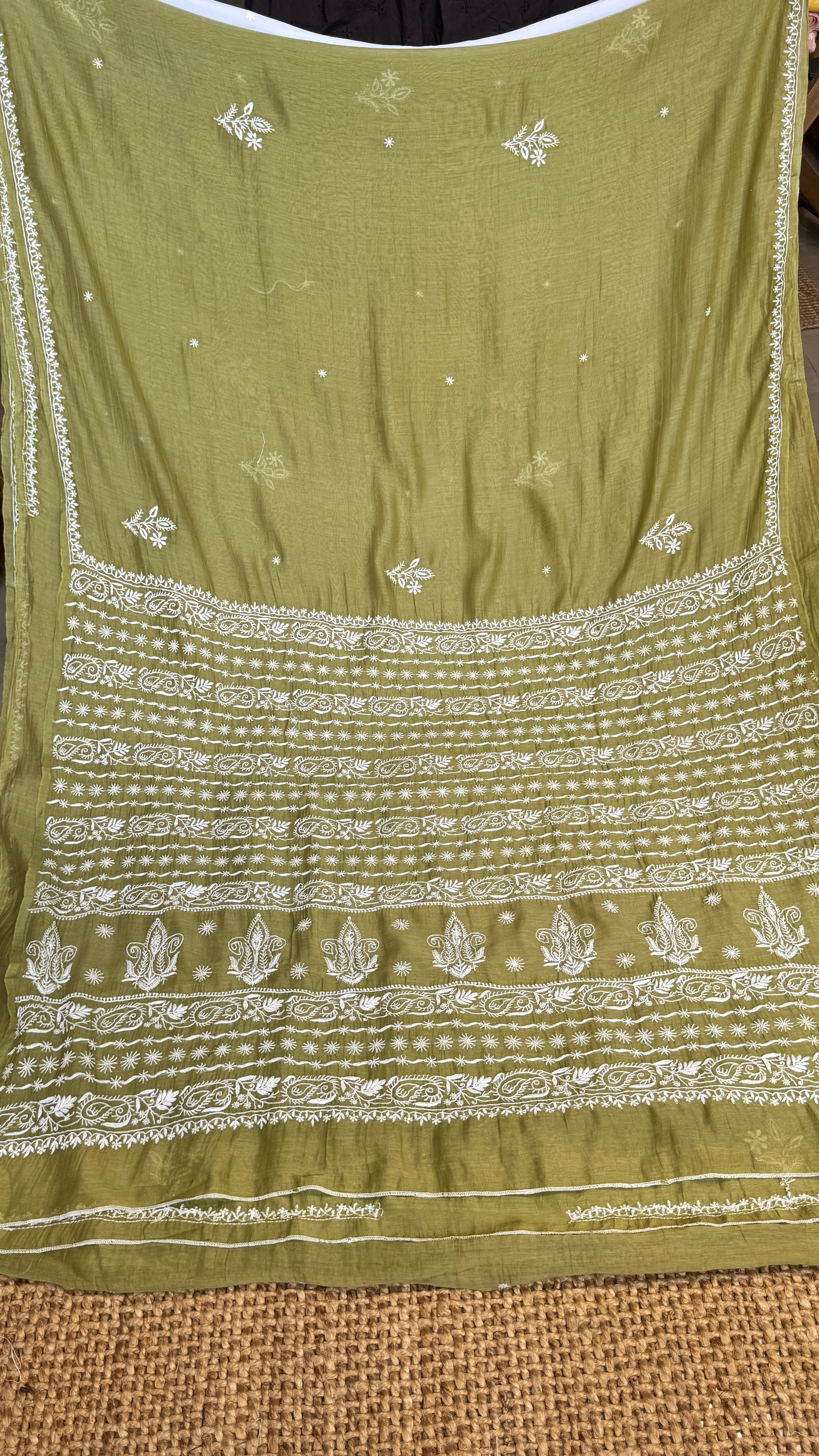Pure Mul Chanderi Chikankari saree in Mehandi Green