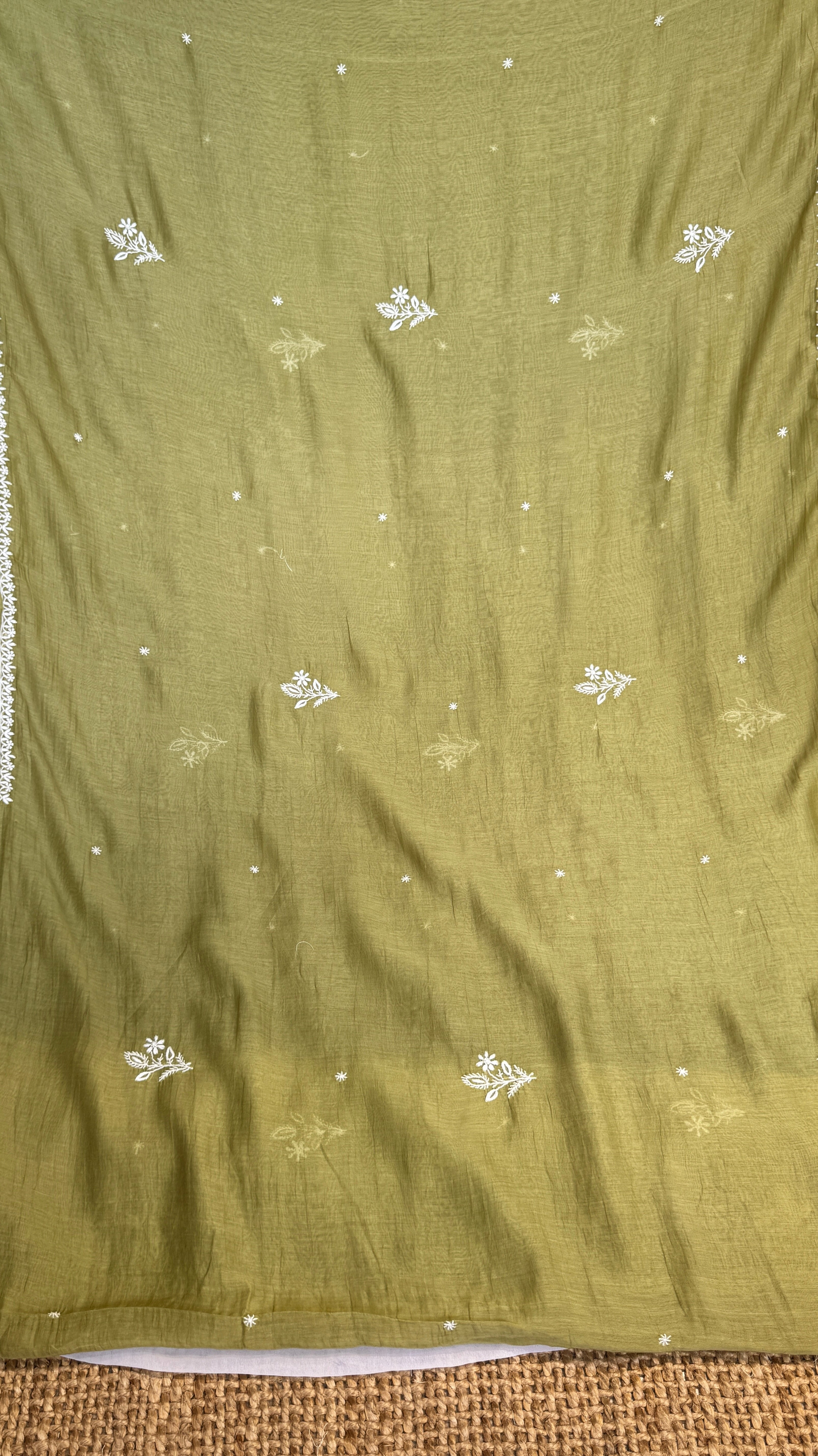 Pure Mul Chanderi Chikankari saree in Mehandi Green