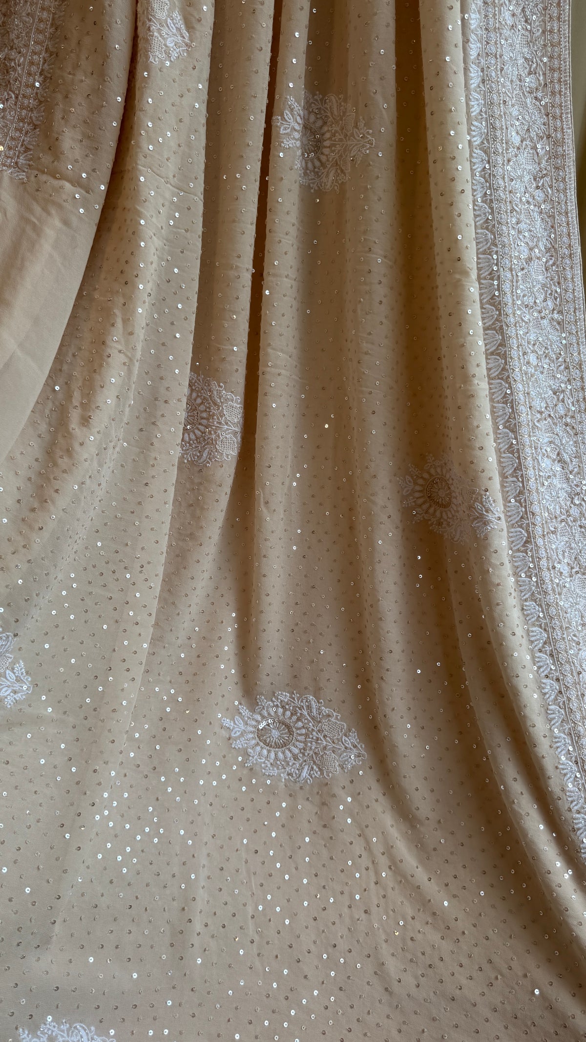 Pure Georgette Lucknow Chikankari Saree -Champagne Beige- Rooh Collection