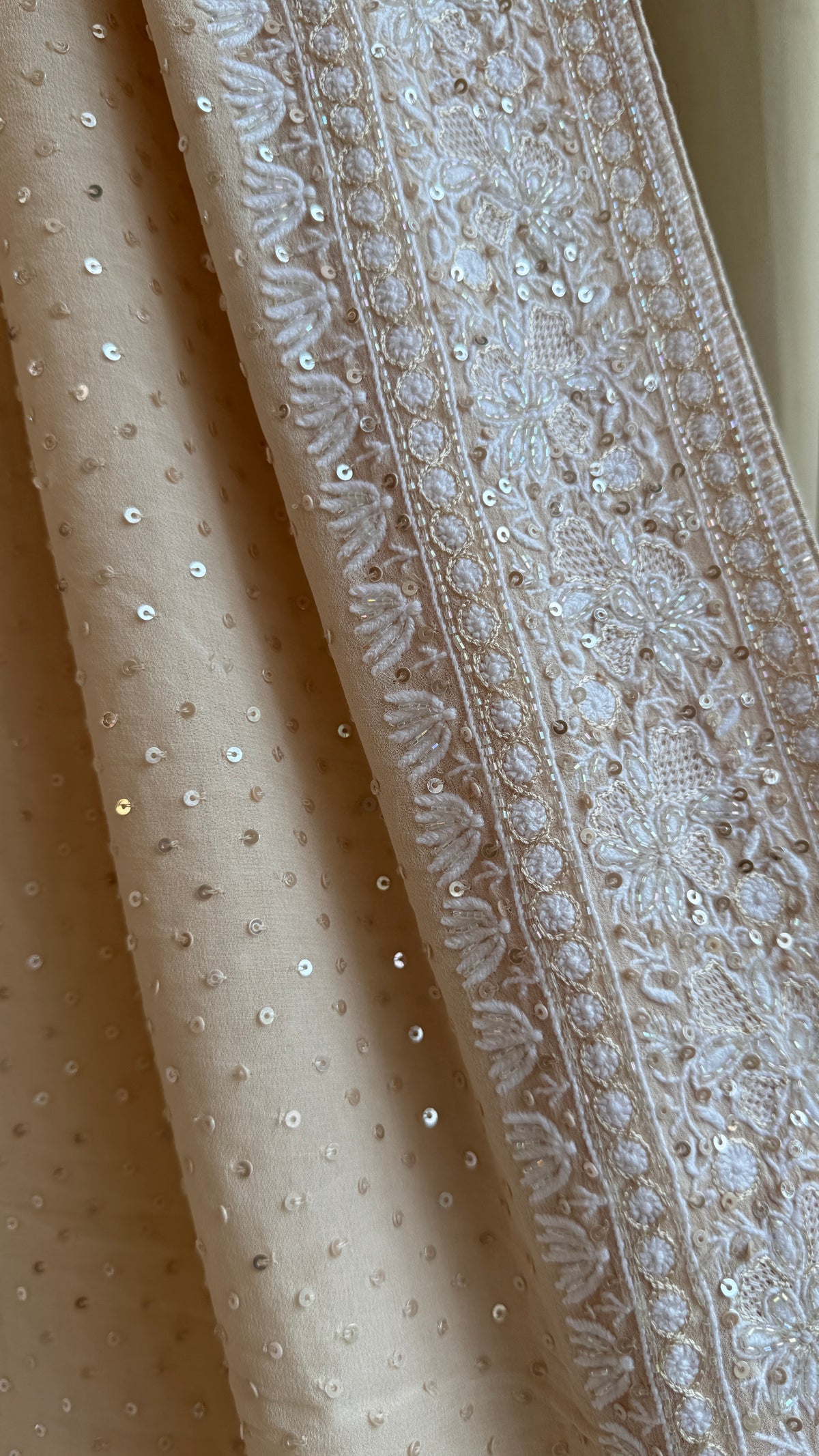Pure Georgette Lucknow Chikankari Saree -Champagne Beige- Rooh Collection