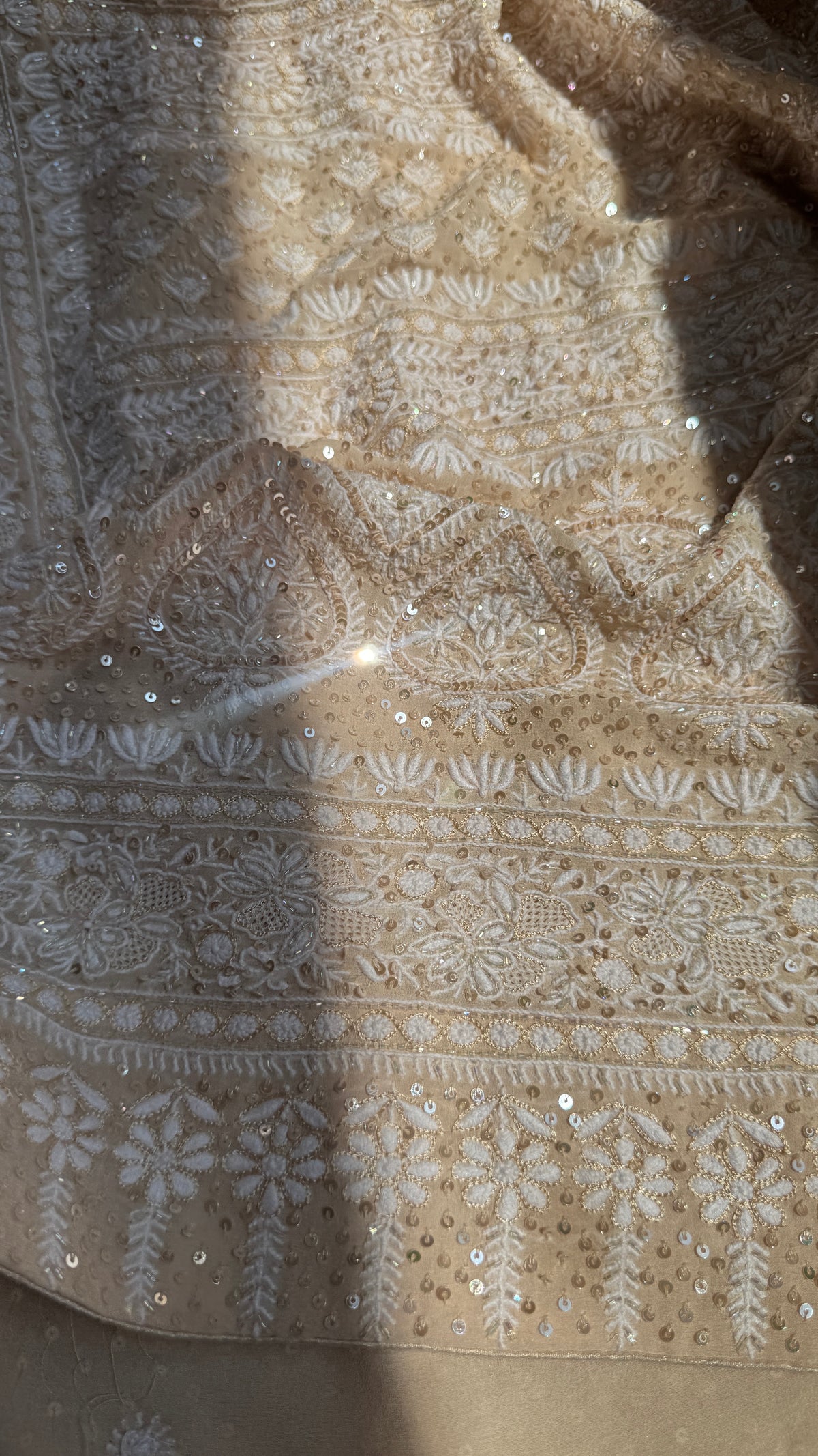 Pure Georgette Lucknow Chikankari Saree -Champagne Beige- Rooh Collection