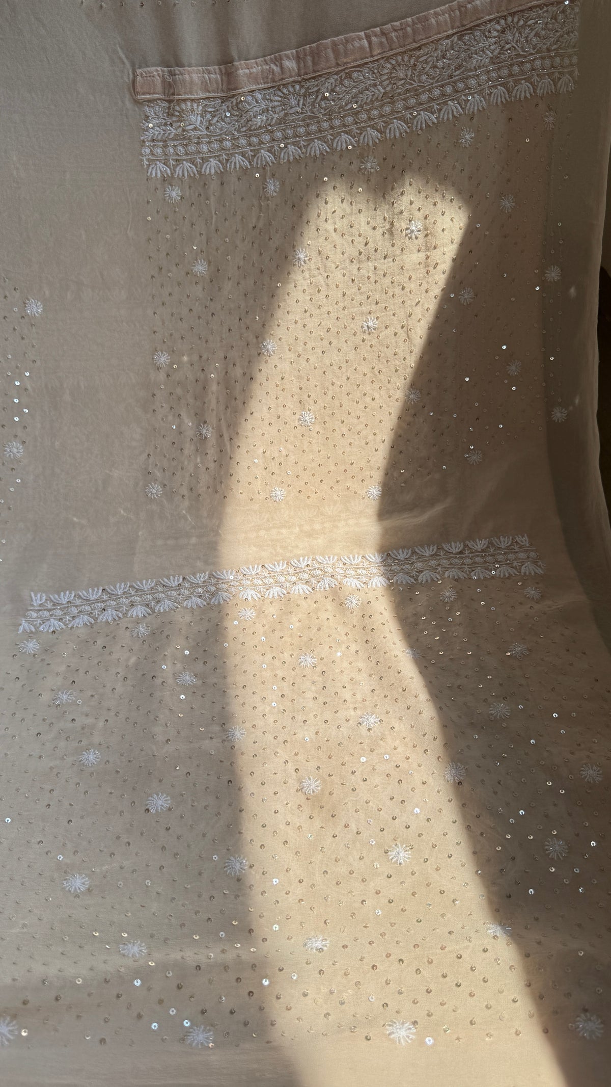 Pure Georgette Lucknow Chikankari Saree -Champagne Beige- Rooh Collection
