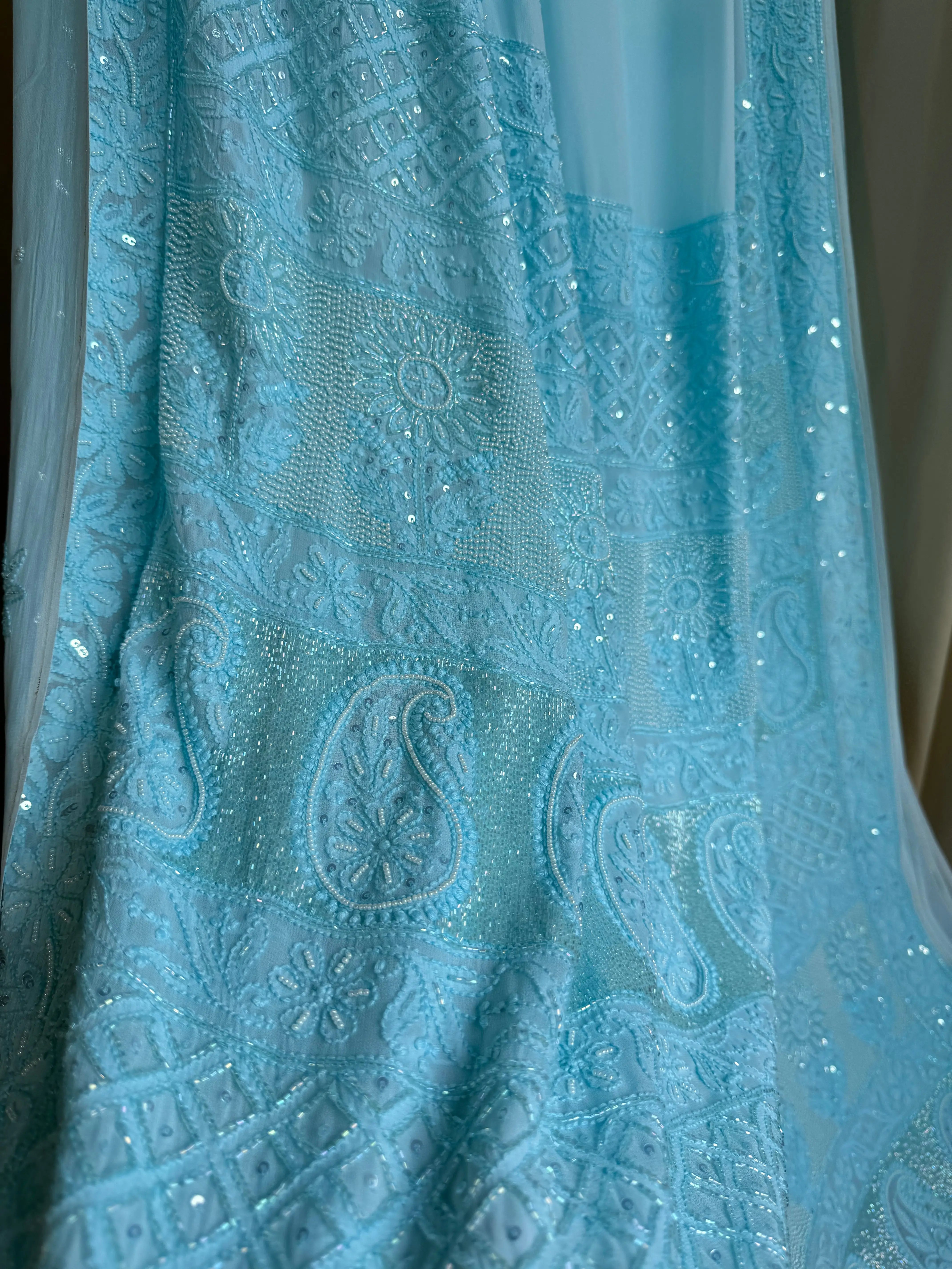 Viscose Blue Chikankari saree with Pearl embellishments ARIAA CHIKANKARI 