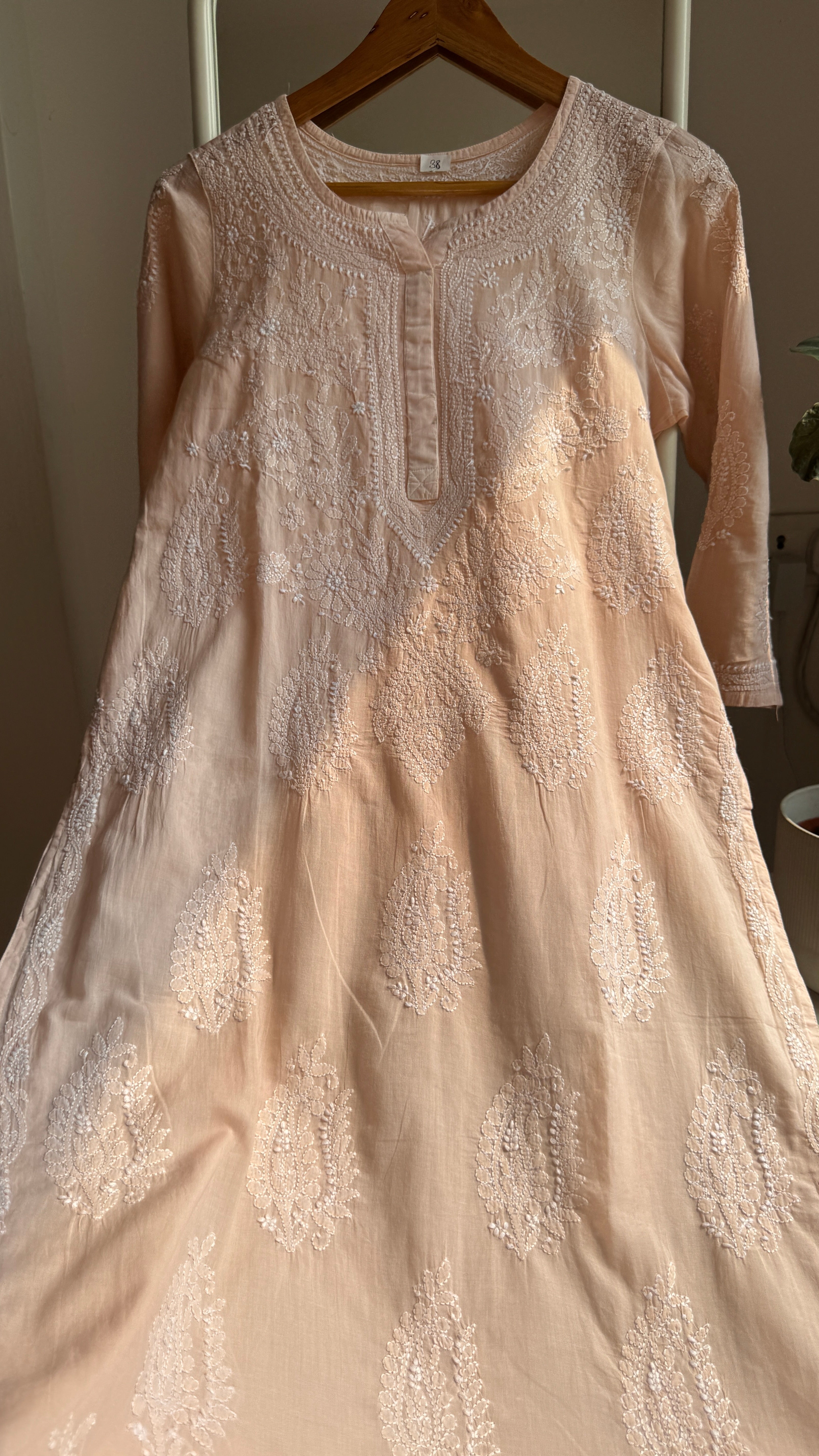 Mul Cotton Pale Pink Chikankari Kurti - Saaz Collection