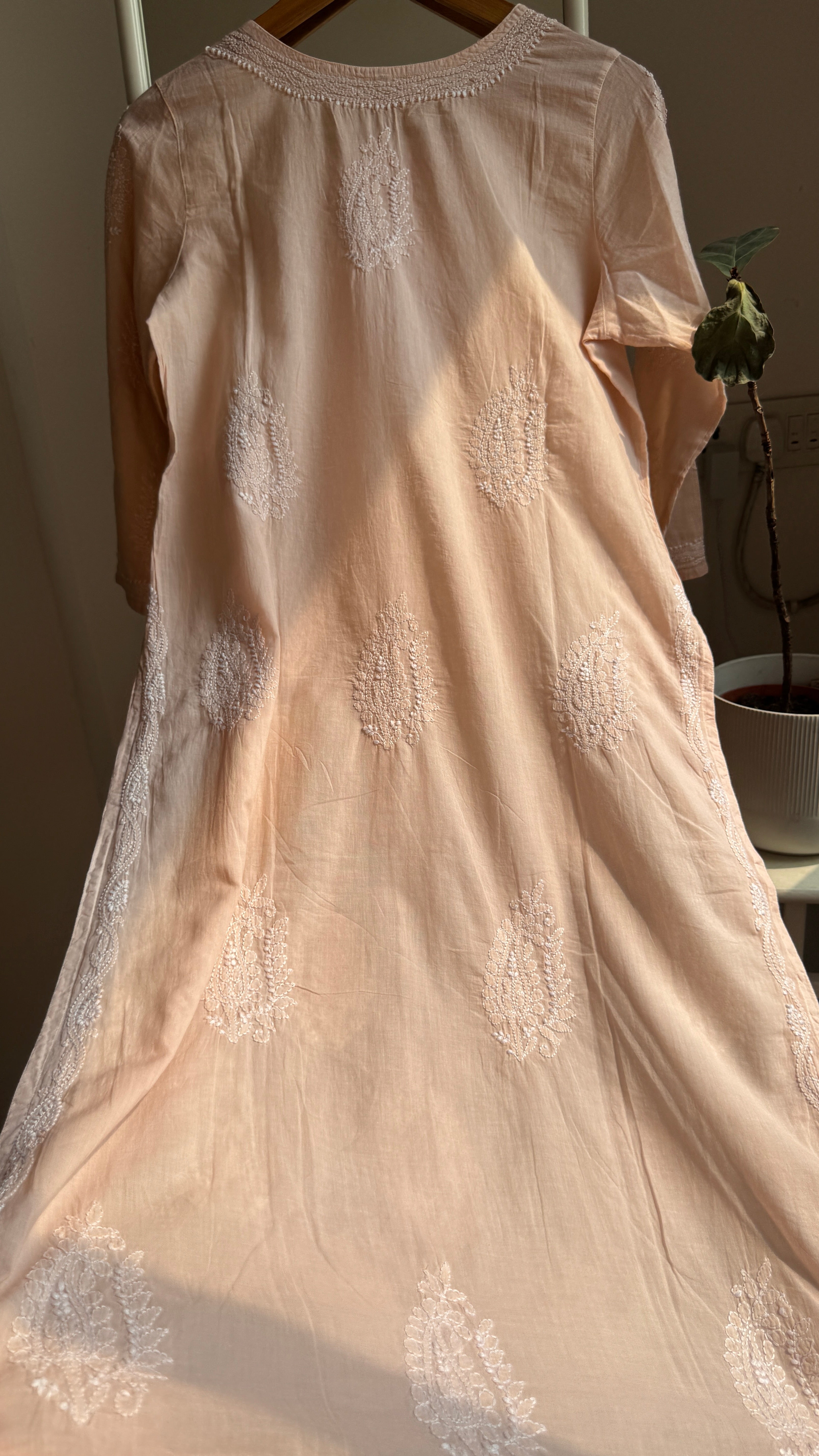 Mul Cotton Pale Pink Chikankari Kurti - Saaz Collection