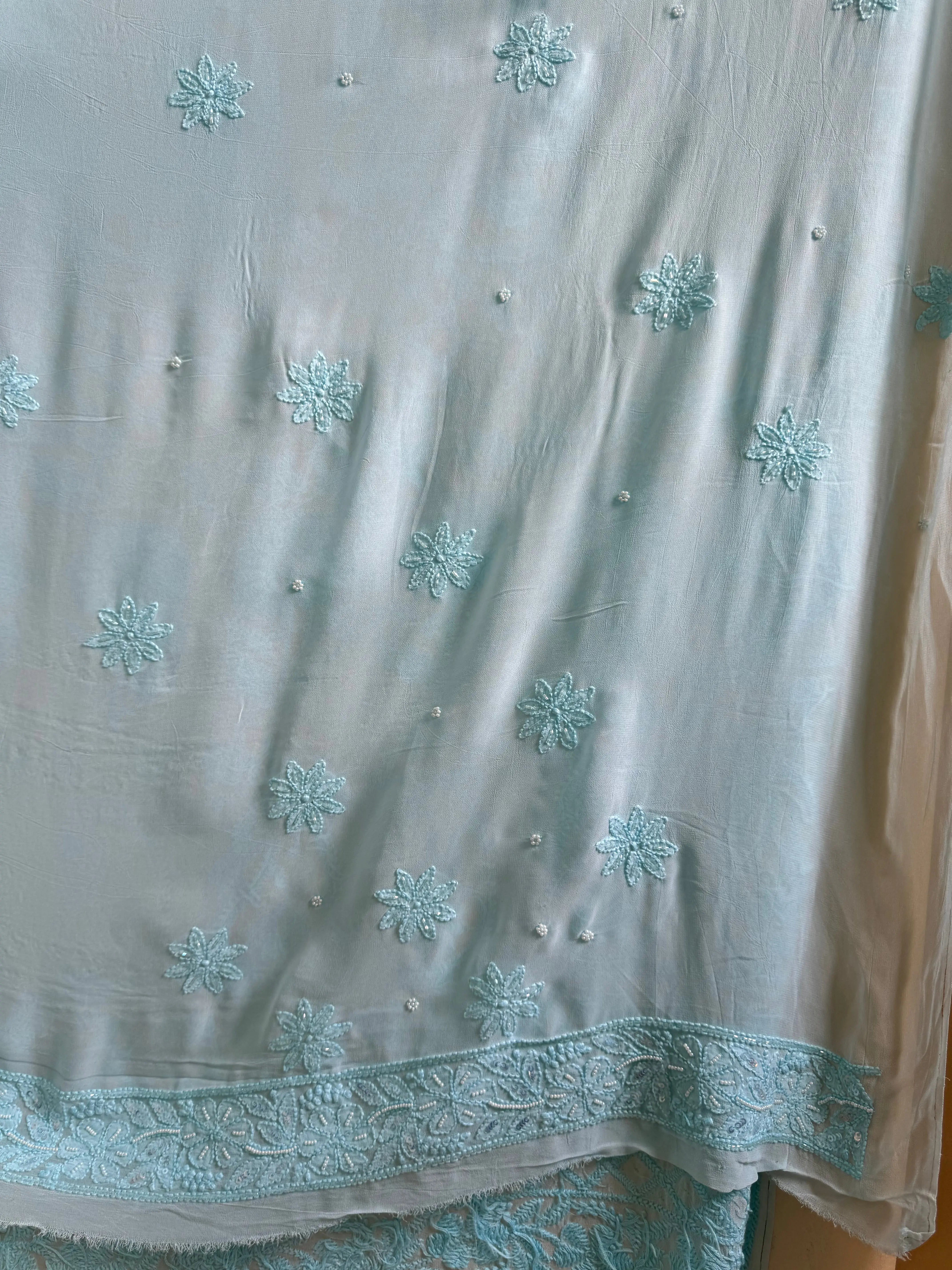 Viscose Blue Chikankari saree with Pearl embellishments ARIAA CHIKANKARI 