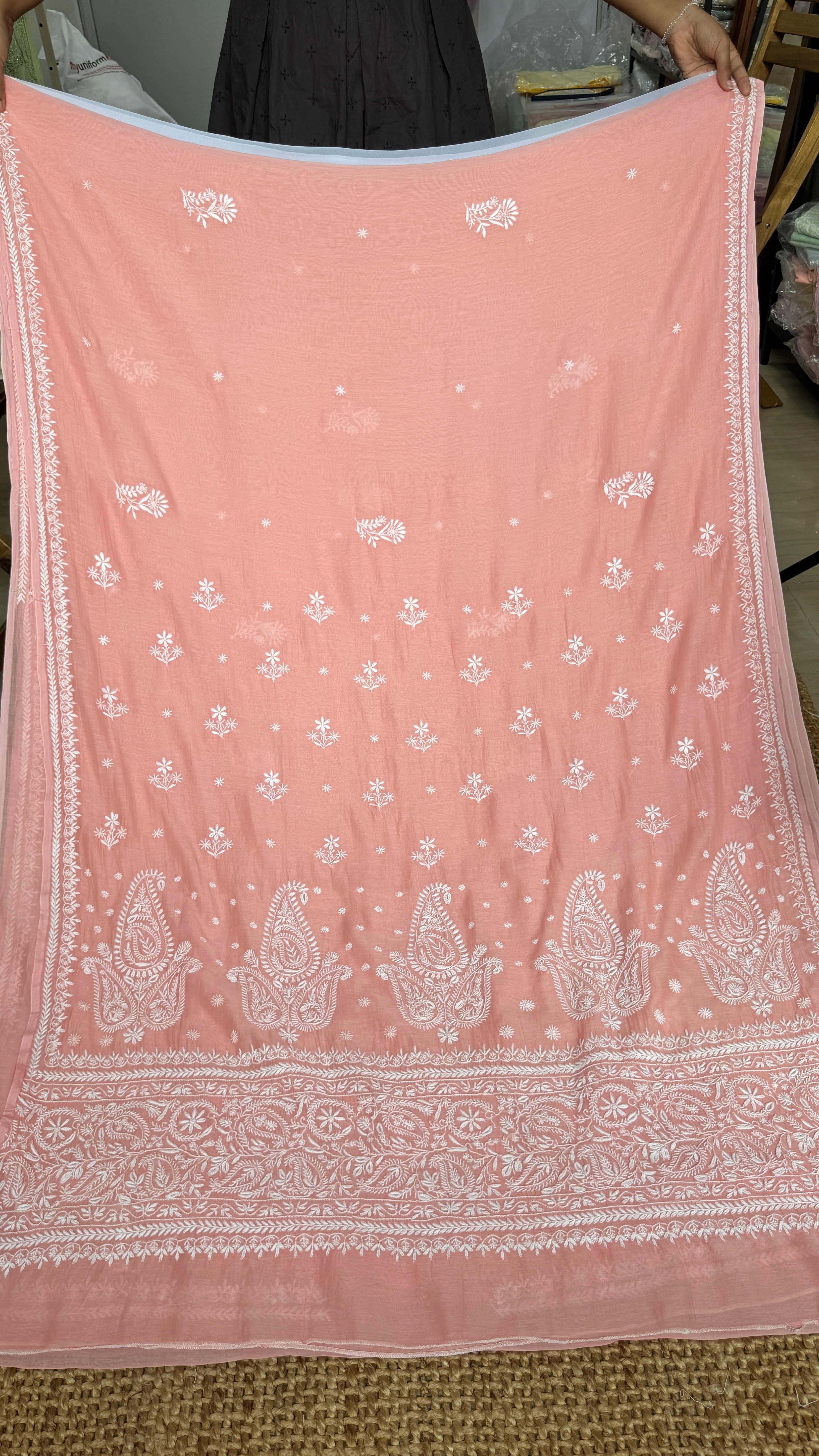 Pure Mul Chanderi Chikankari saree in Peach