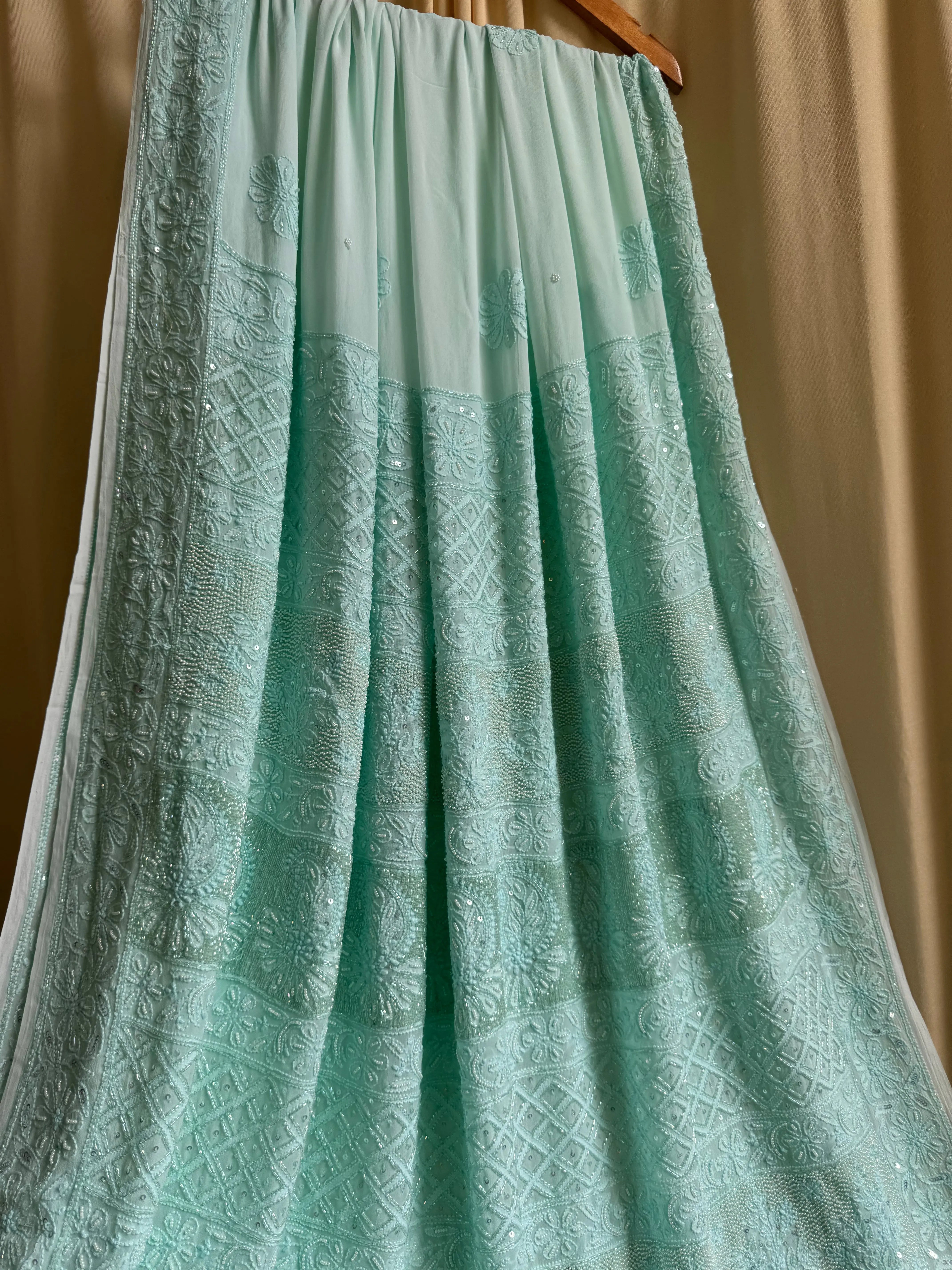 Viscose Green Chikankari saree with Pearl embellishments ARIAA CHIKANKARI 