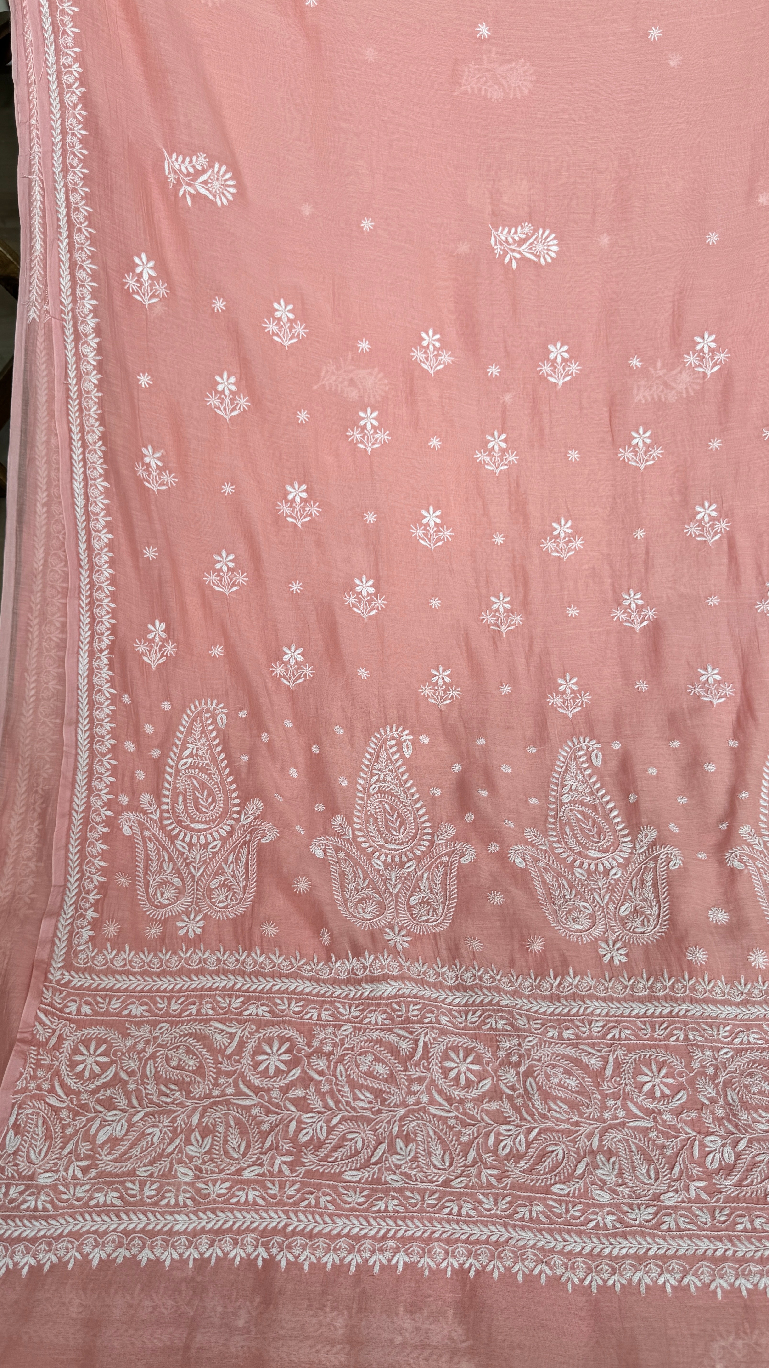 Pure Mul Chanderi Chikankari saree in Peach