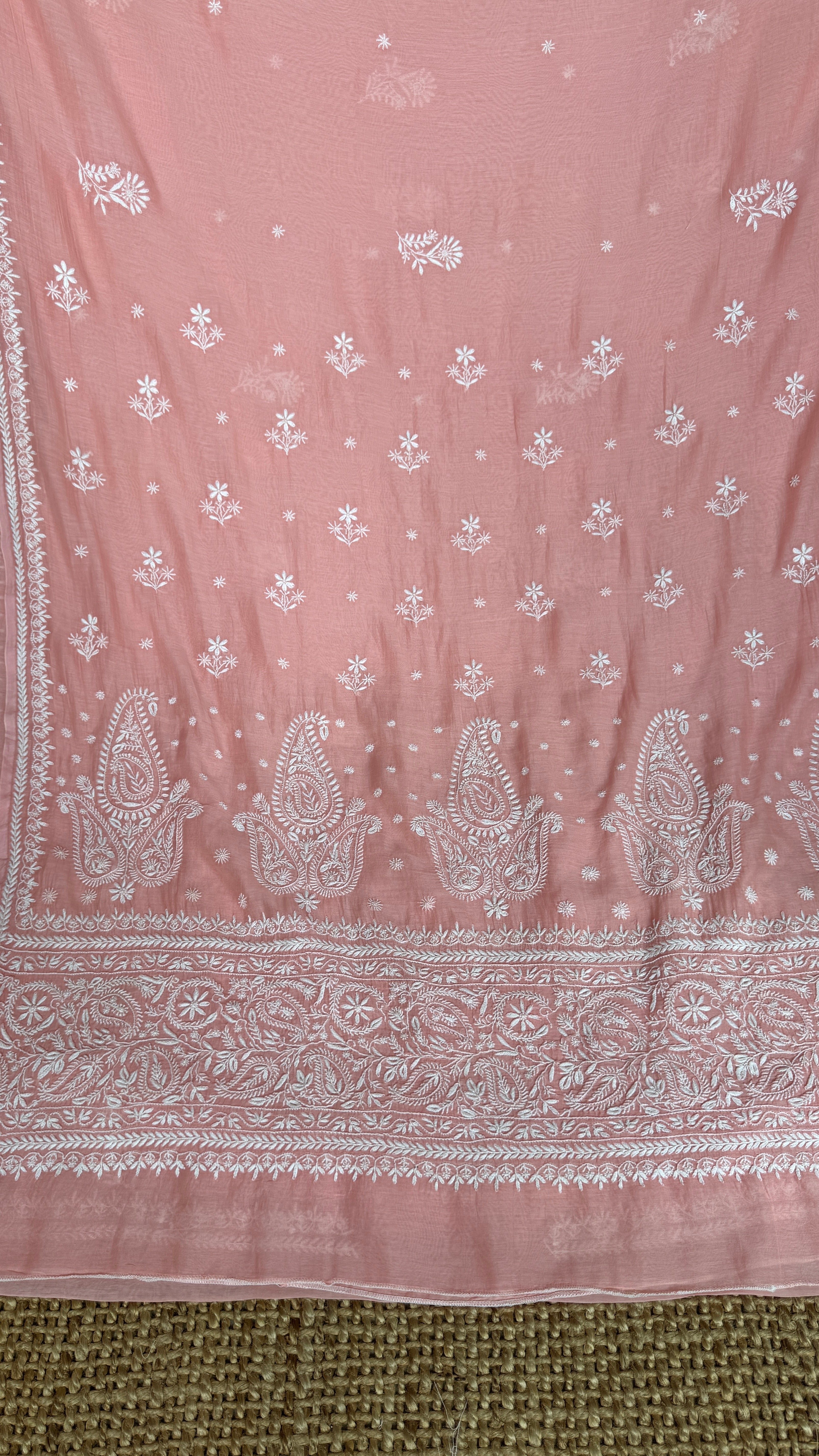 Pure Mul Chanderi Chikankari saree in Peach