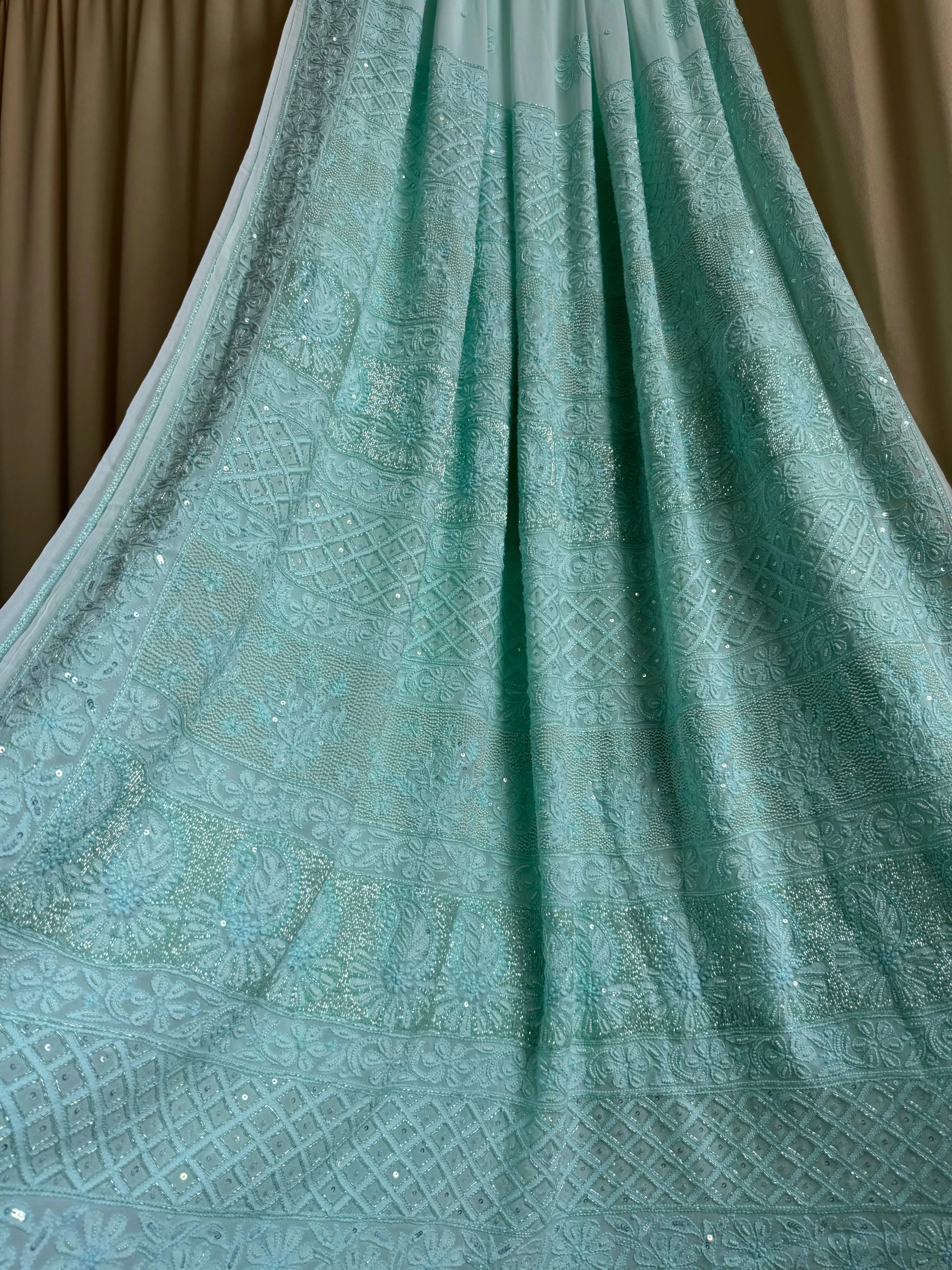 Viscose Green Chikankari saree with Pearl embellishments ARIAA CHIKANKARI 