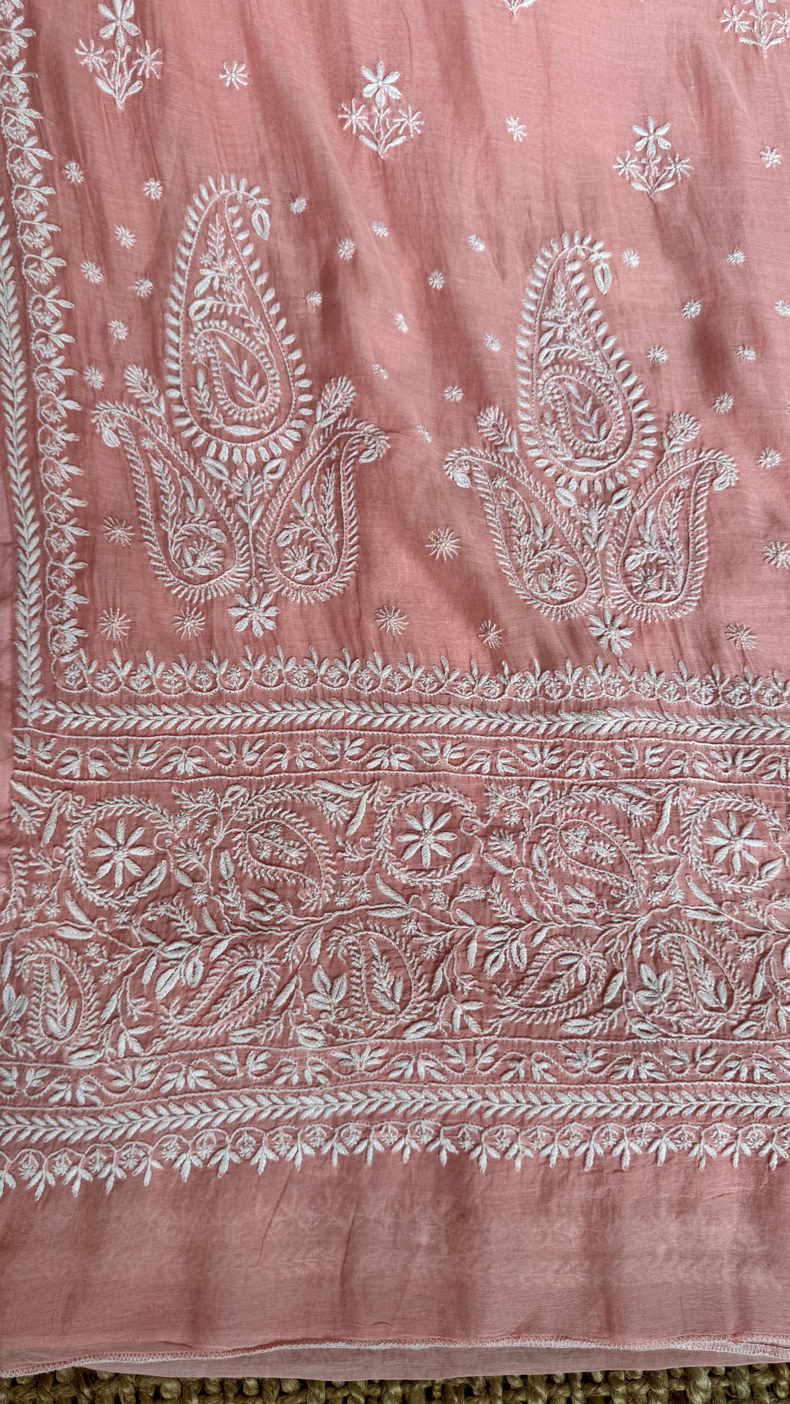 Pure Mul Chanderi Chikankari saree in Peach