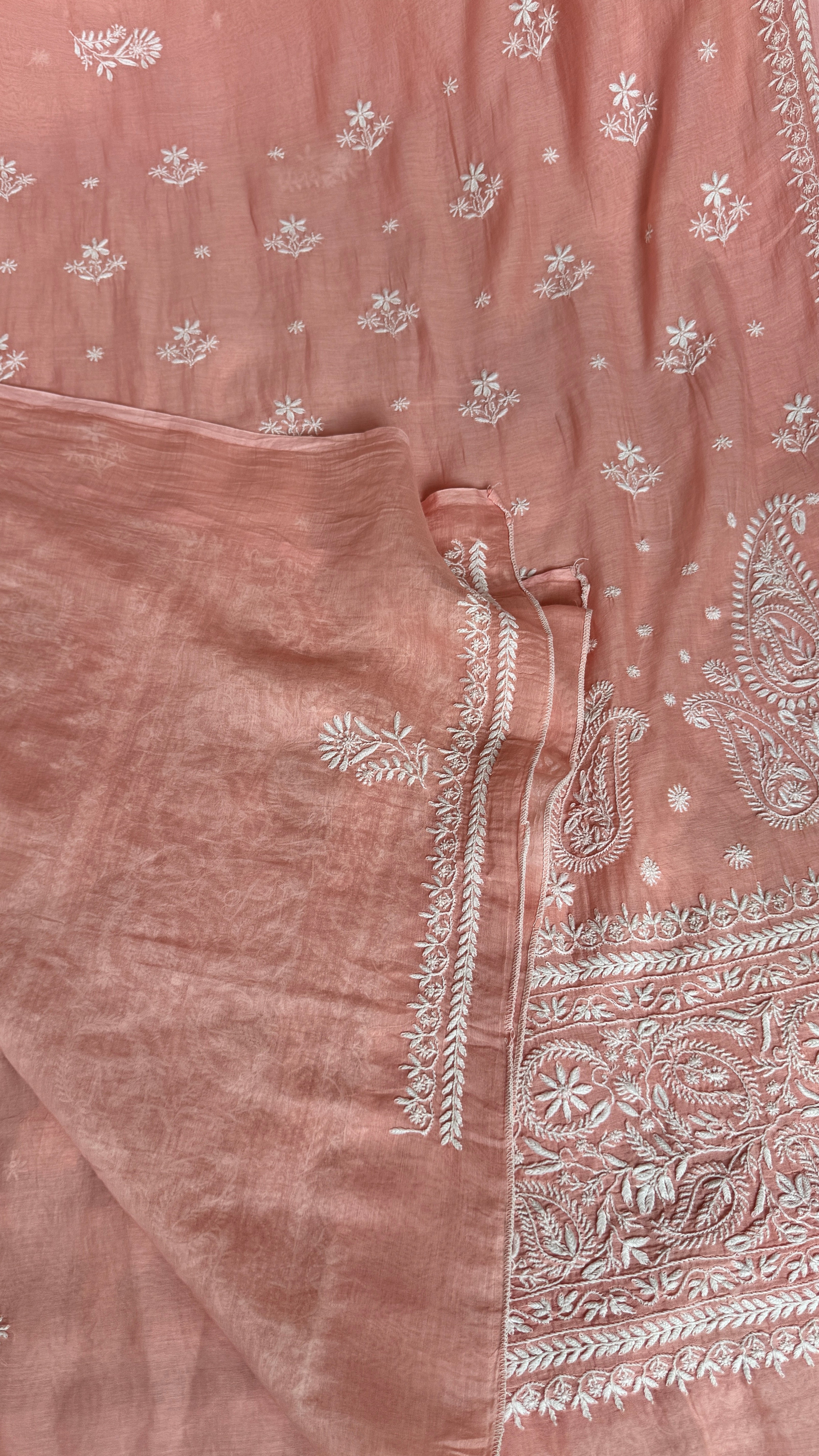 Pure Mul Chanderi Chikankari saree in Peach