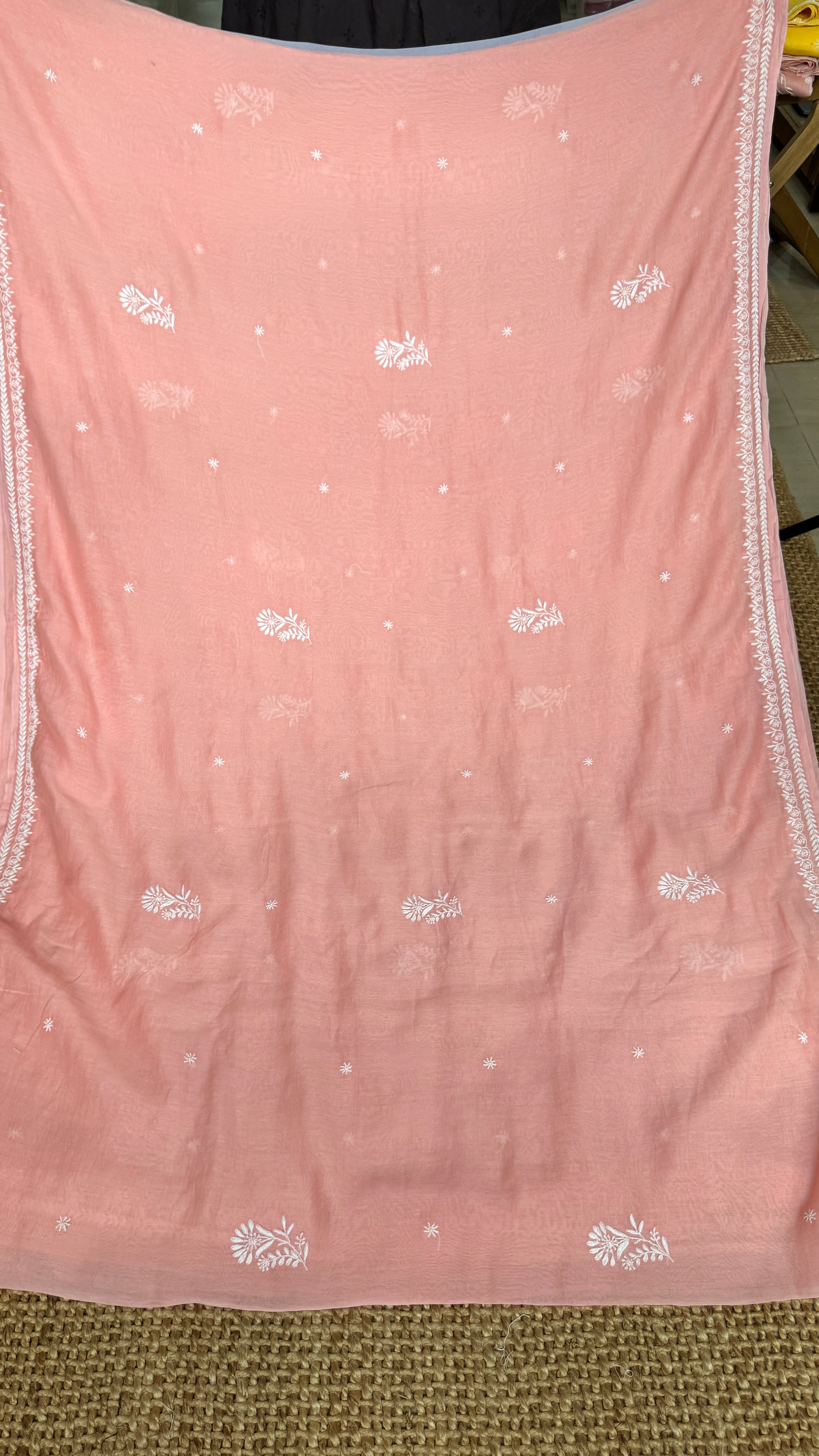Pure Mul Chanderi Chikankari saree in Peach
