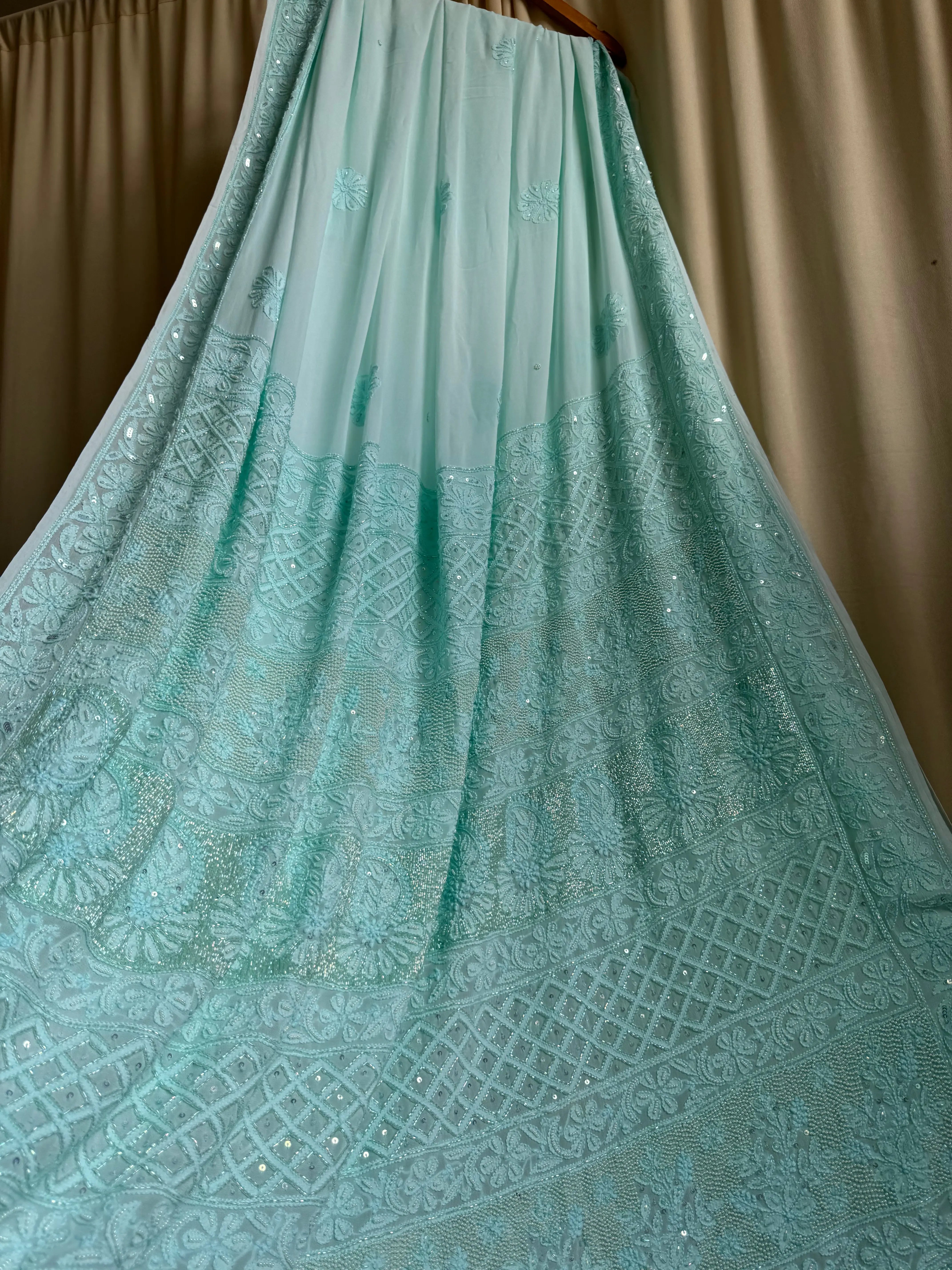 Viscose Green Chikankari saree with Pearl embellishments ARIAA CHIKANKARI 