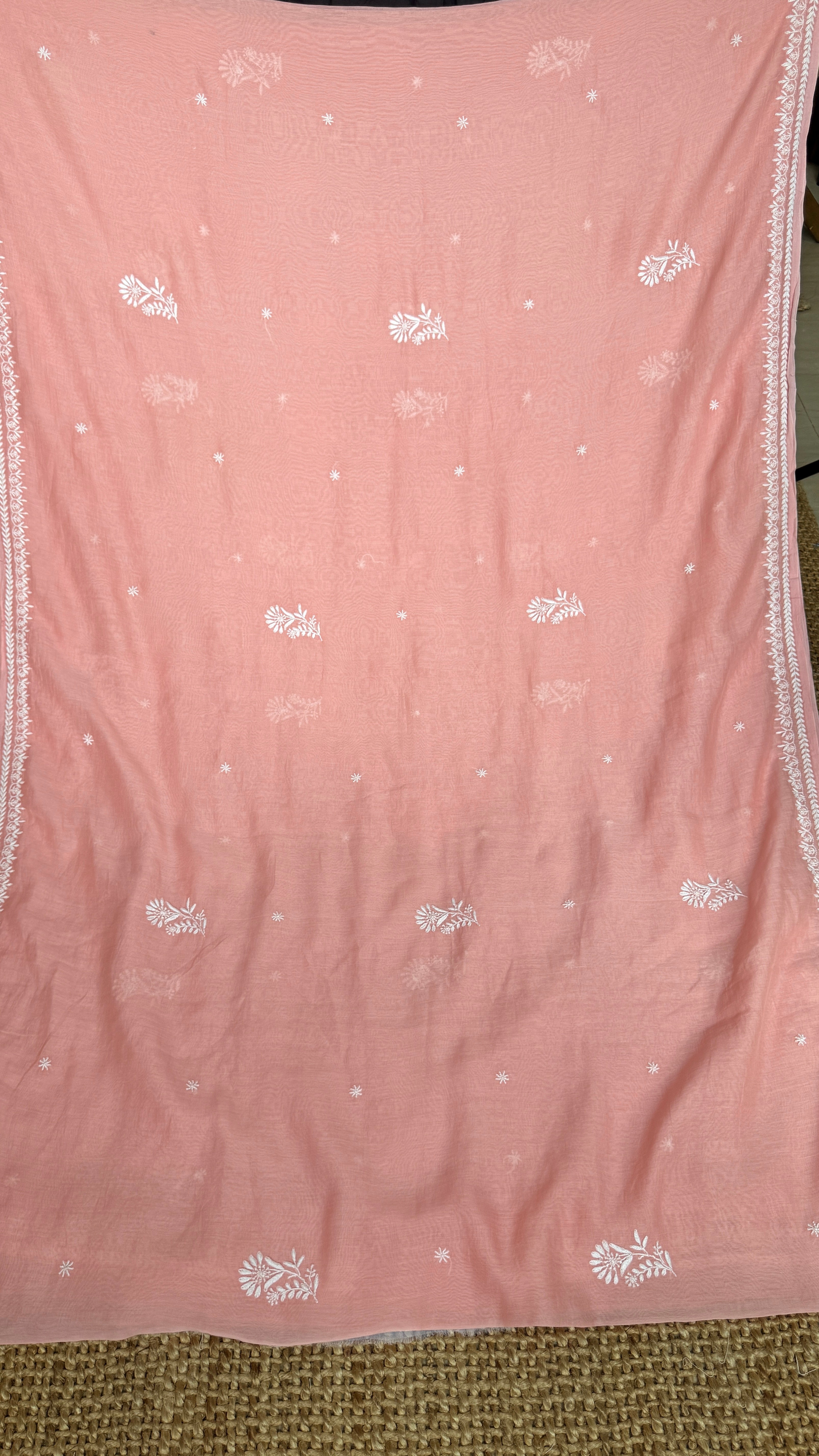 Pure Mul Chanderi Chikankari saree in Peach