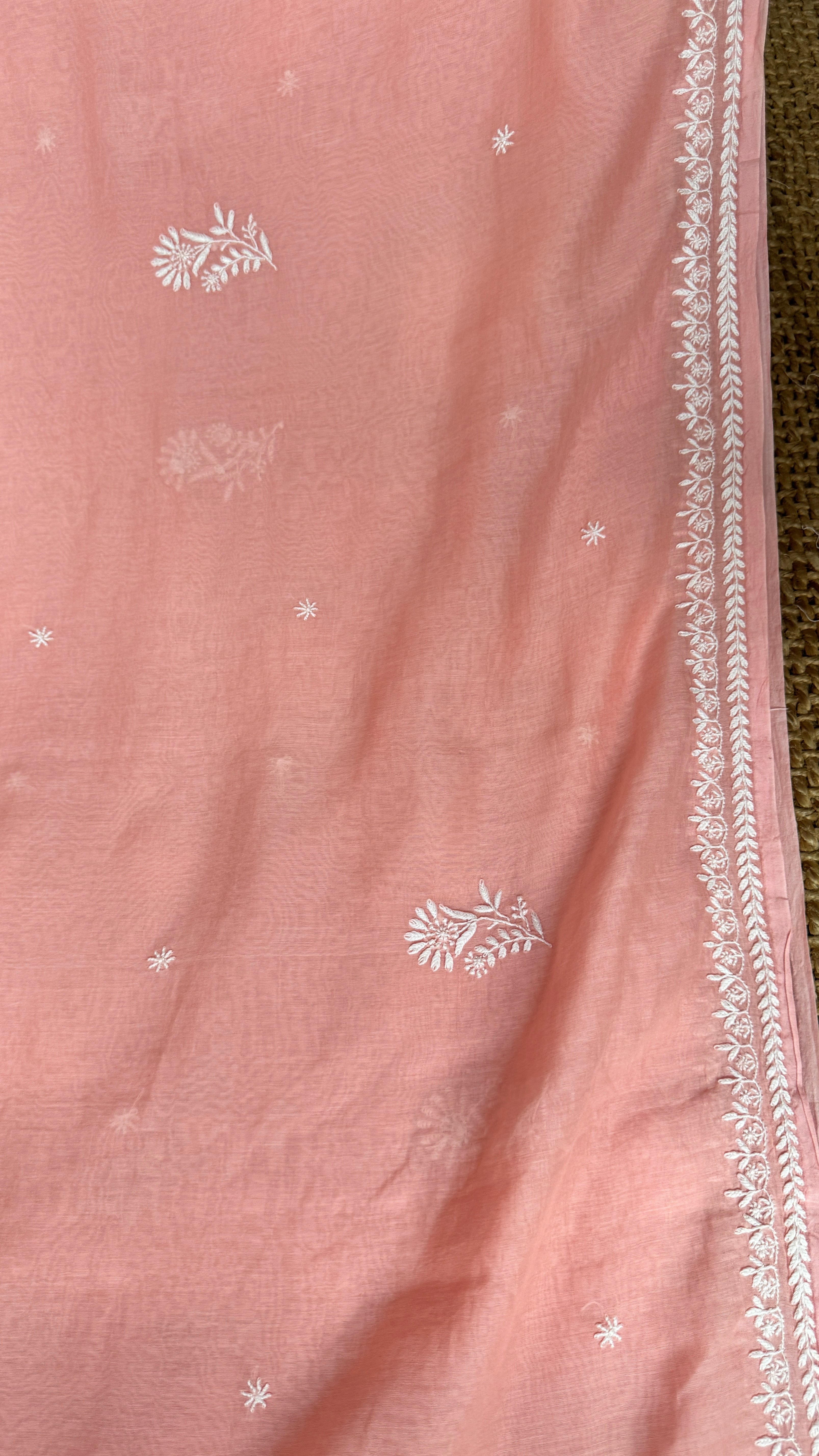 Pure Mul Chanderi Chikankari saree in Peach