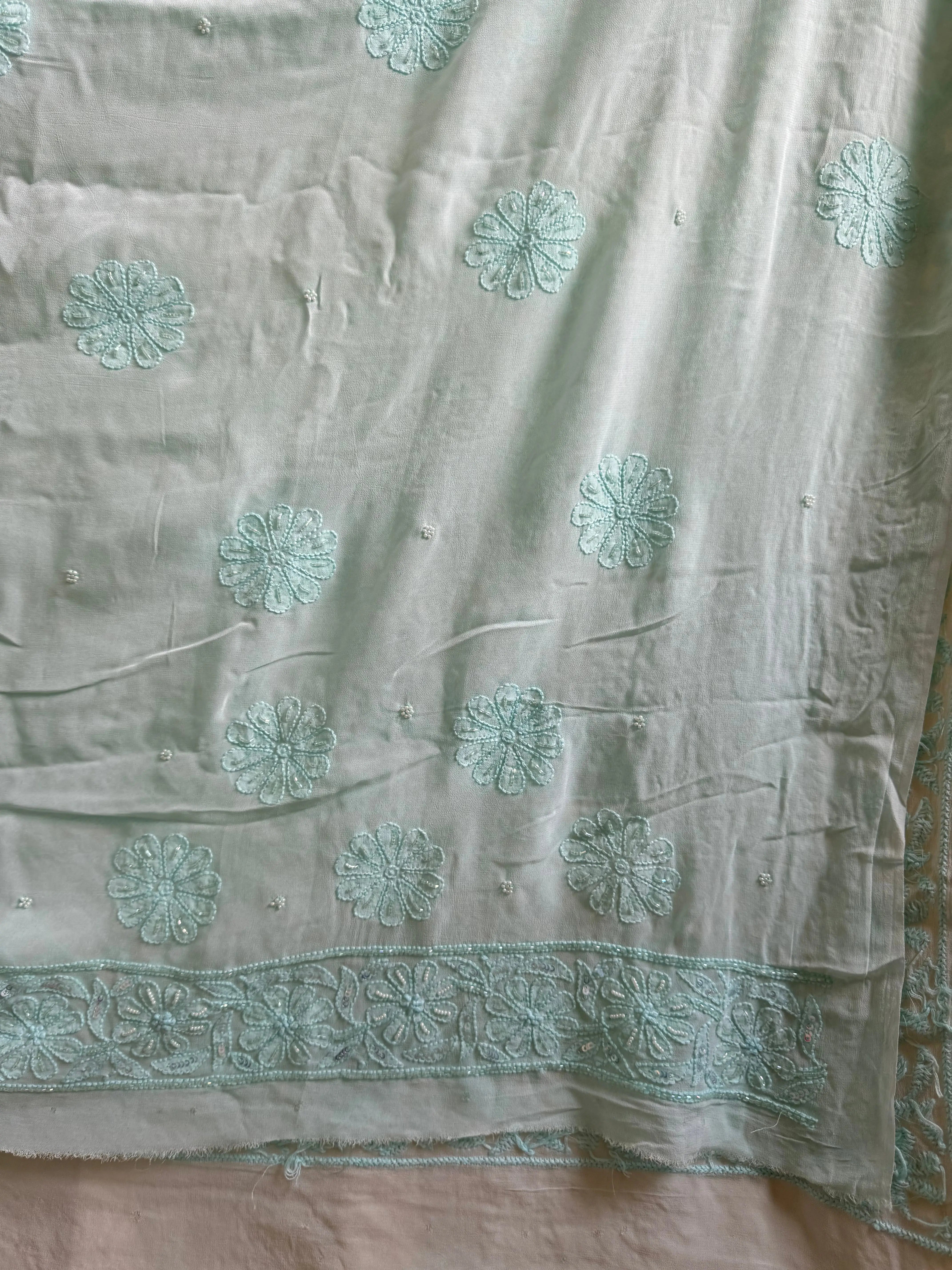 Viscose Green Chikankari saree with Pearl embellishments ARIAA CHIKANKARI 