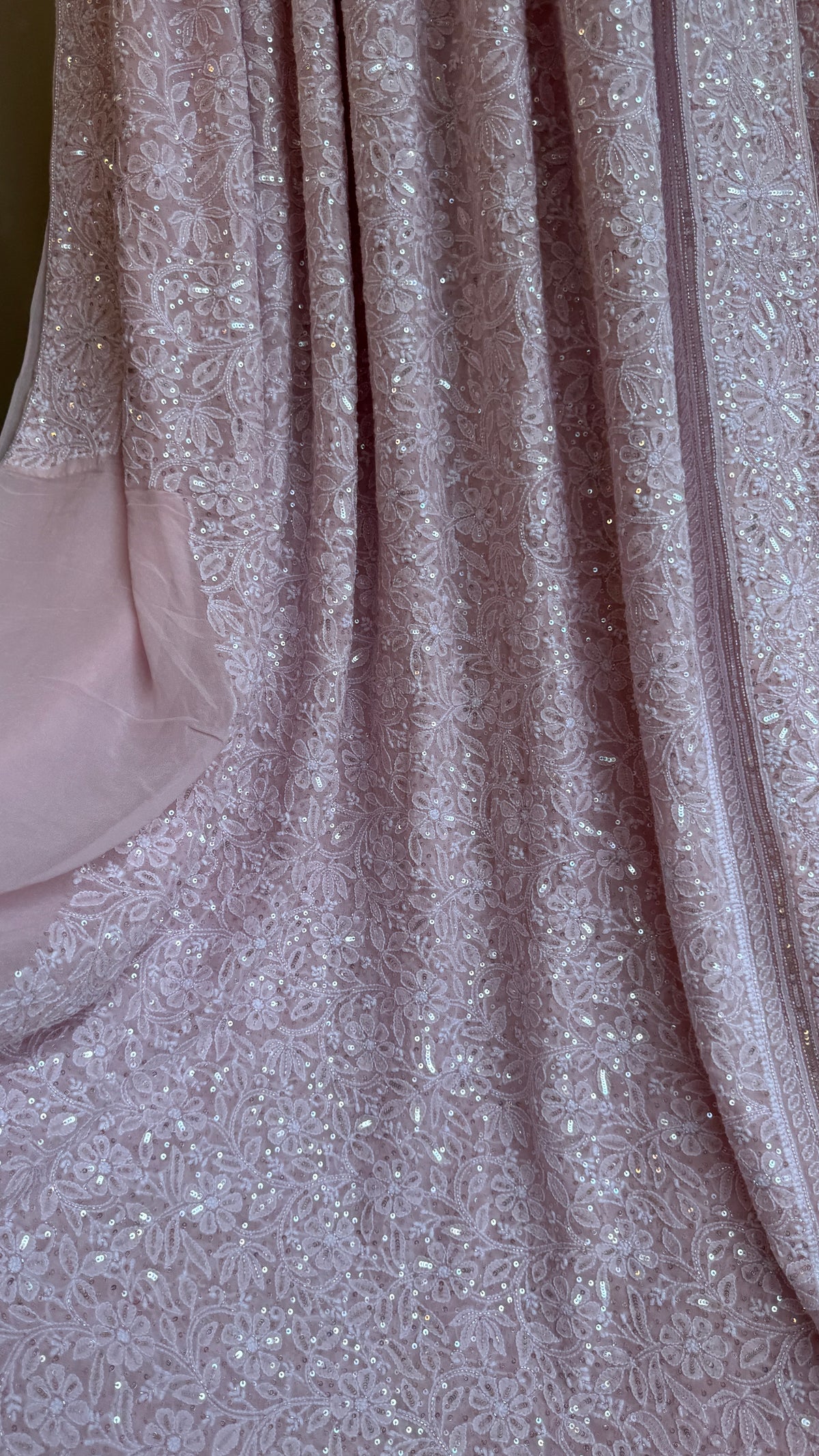 Pure Georgette Lucknow Chikankari Saree - Antique Rose Pink - Rooh Collection