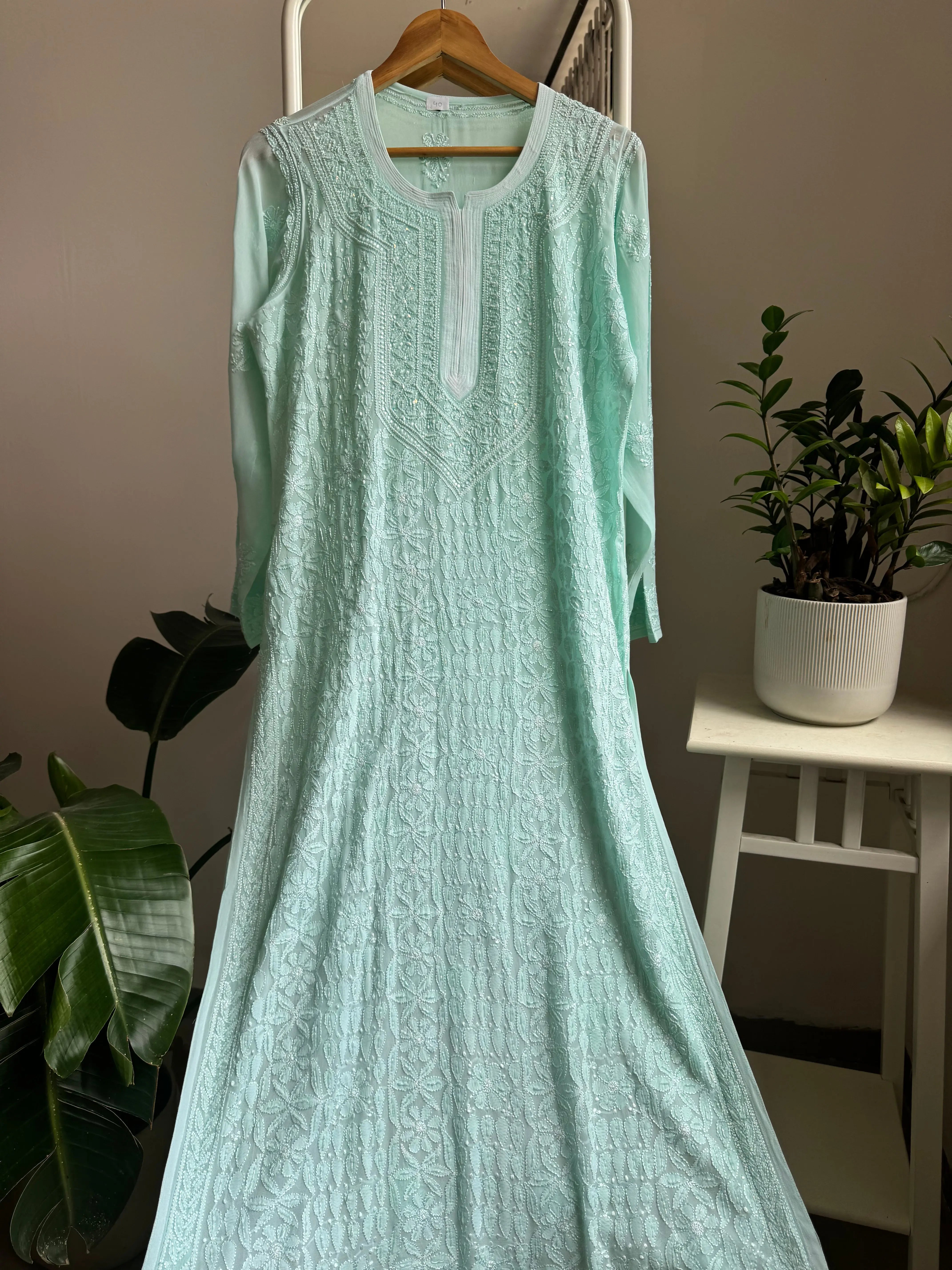 Viscose Kurti with Pearl Add on Work - Cyan Green ARIAA CHIKANKARI 