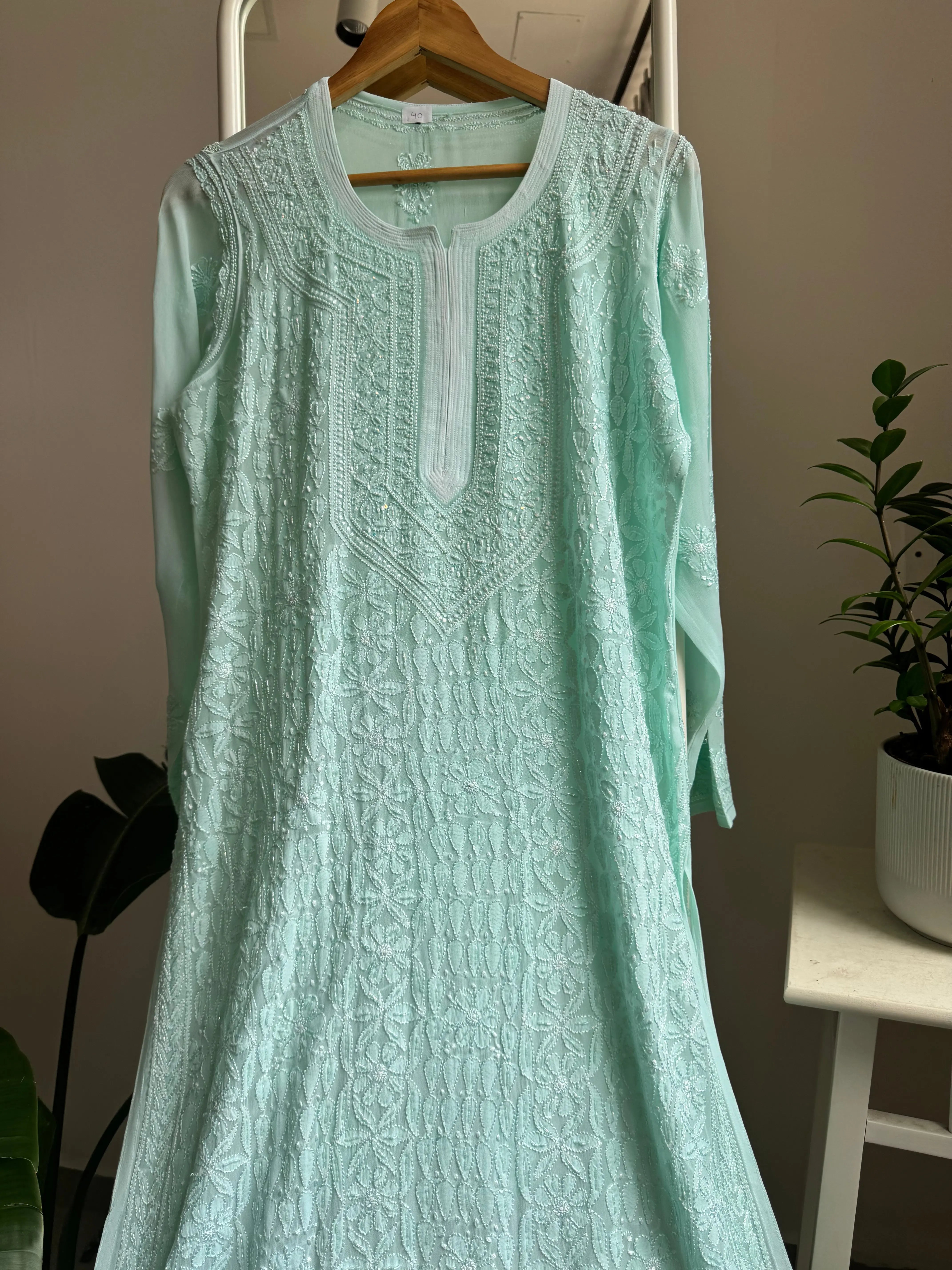 Viscose Kurti with Pearl Add on Work - Cyan Green ARIAA CHIKANKARI 