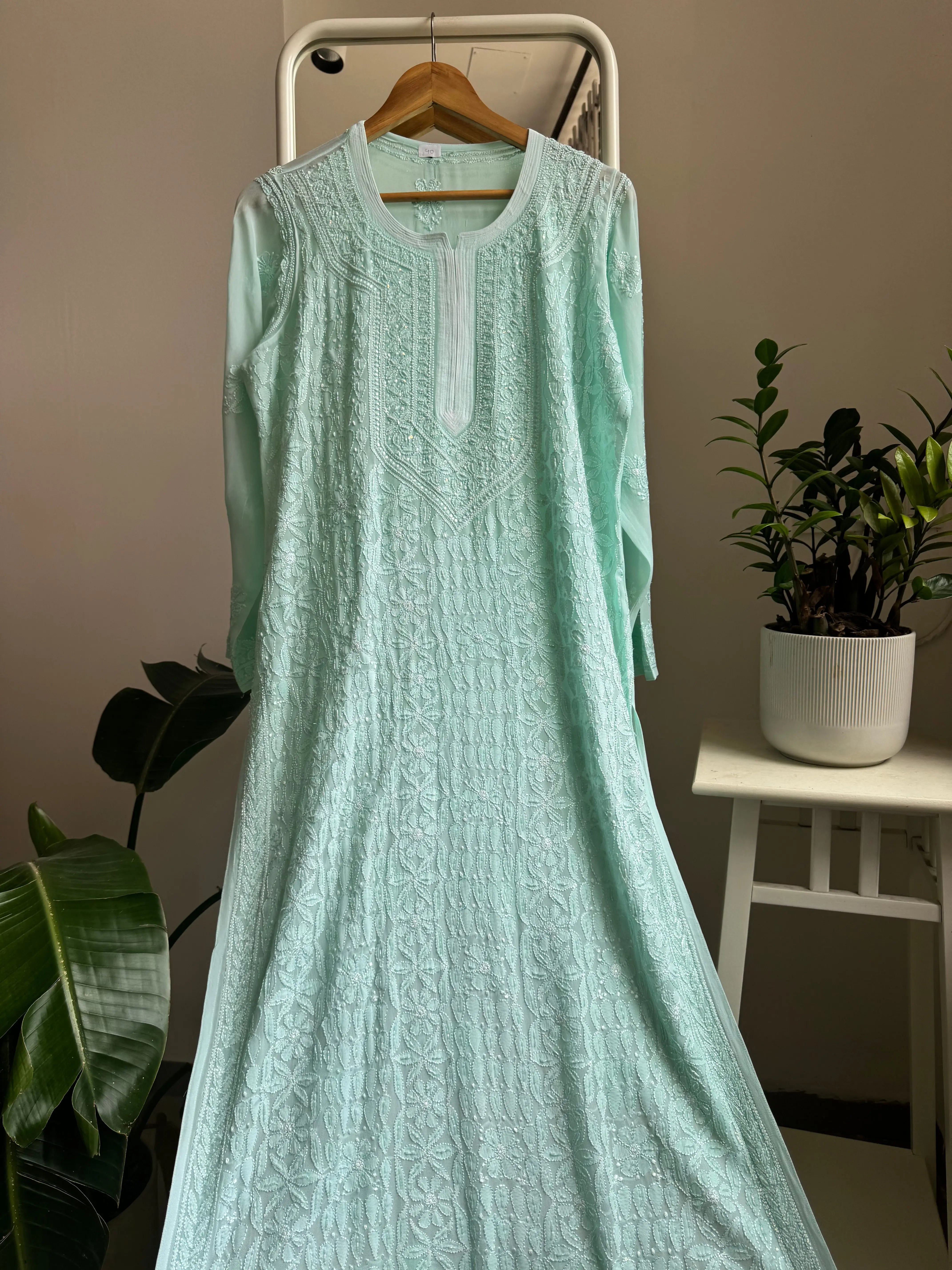 Viscose Kurti with Pearl Add on Work - Cyan Green ARIAA CHIKANKARI 