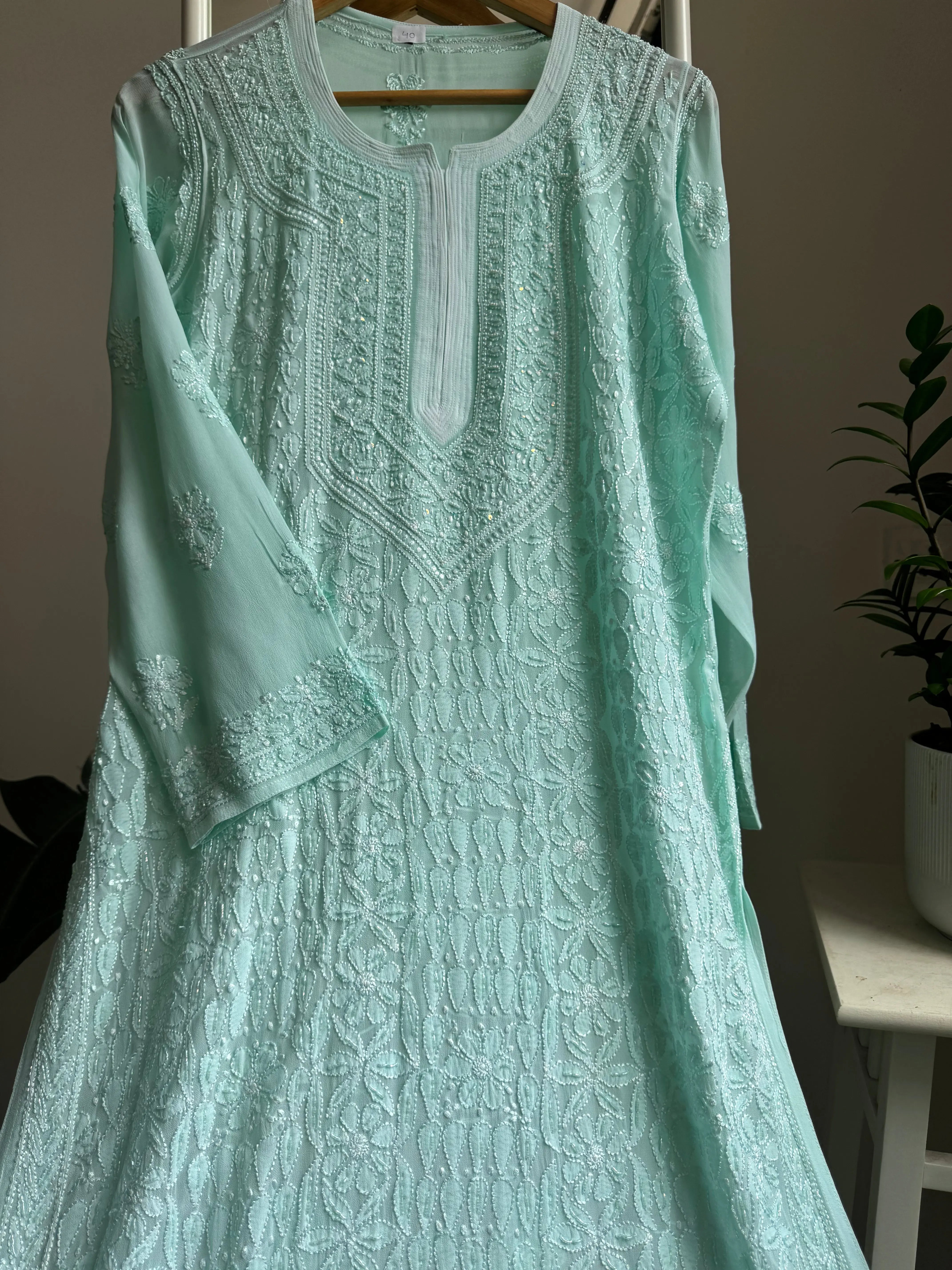 Viscose Kurti with Pearl Add on Work - Cyan Green ARIAA CHIKANKARI 