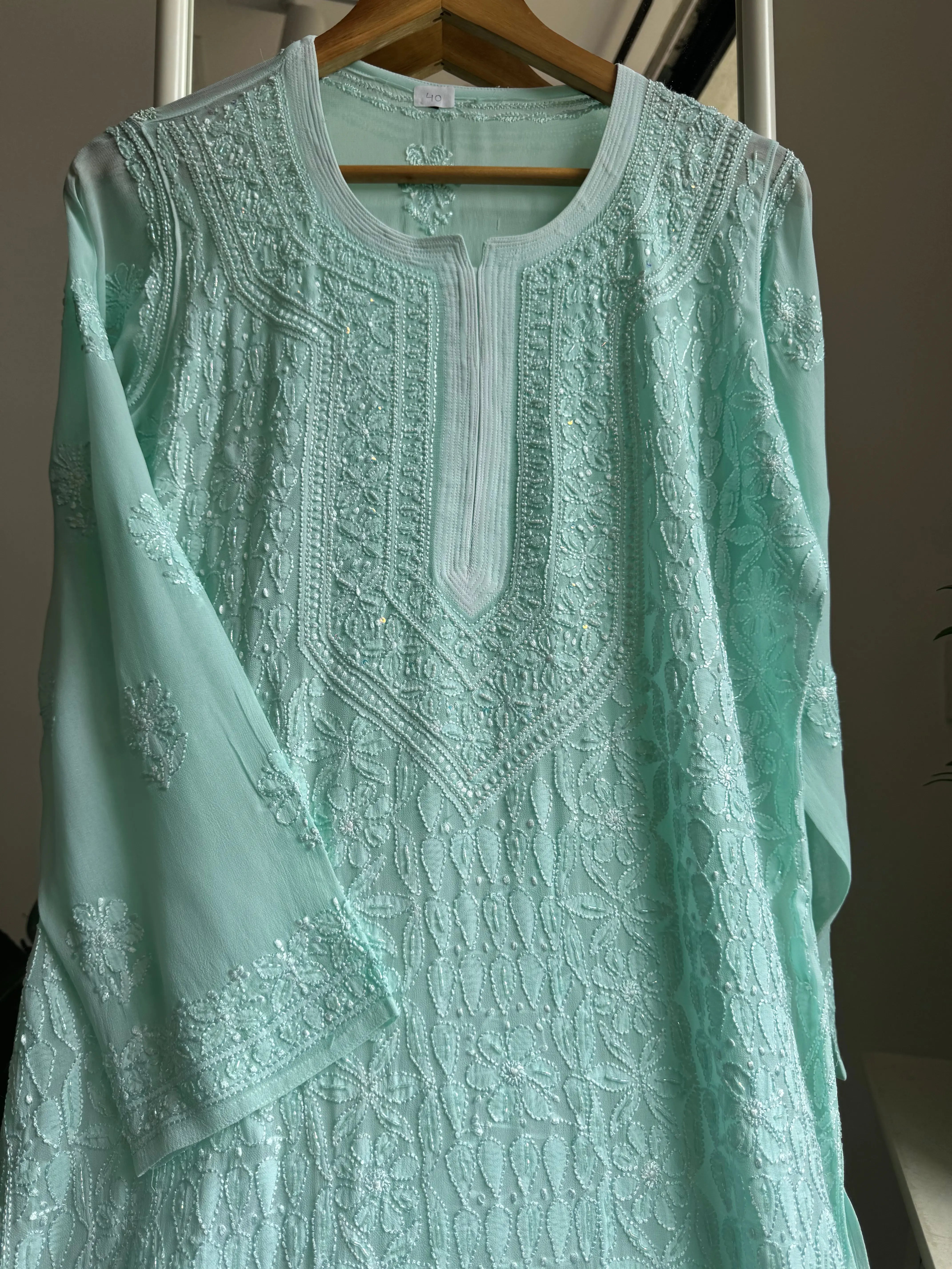 Viscose Kurti with Pearl Add on Work - Cyan Green ARIAA CHIKANKARI 