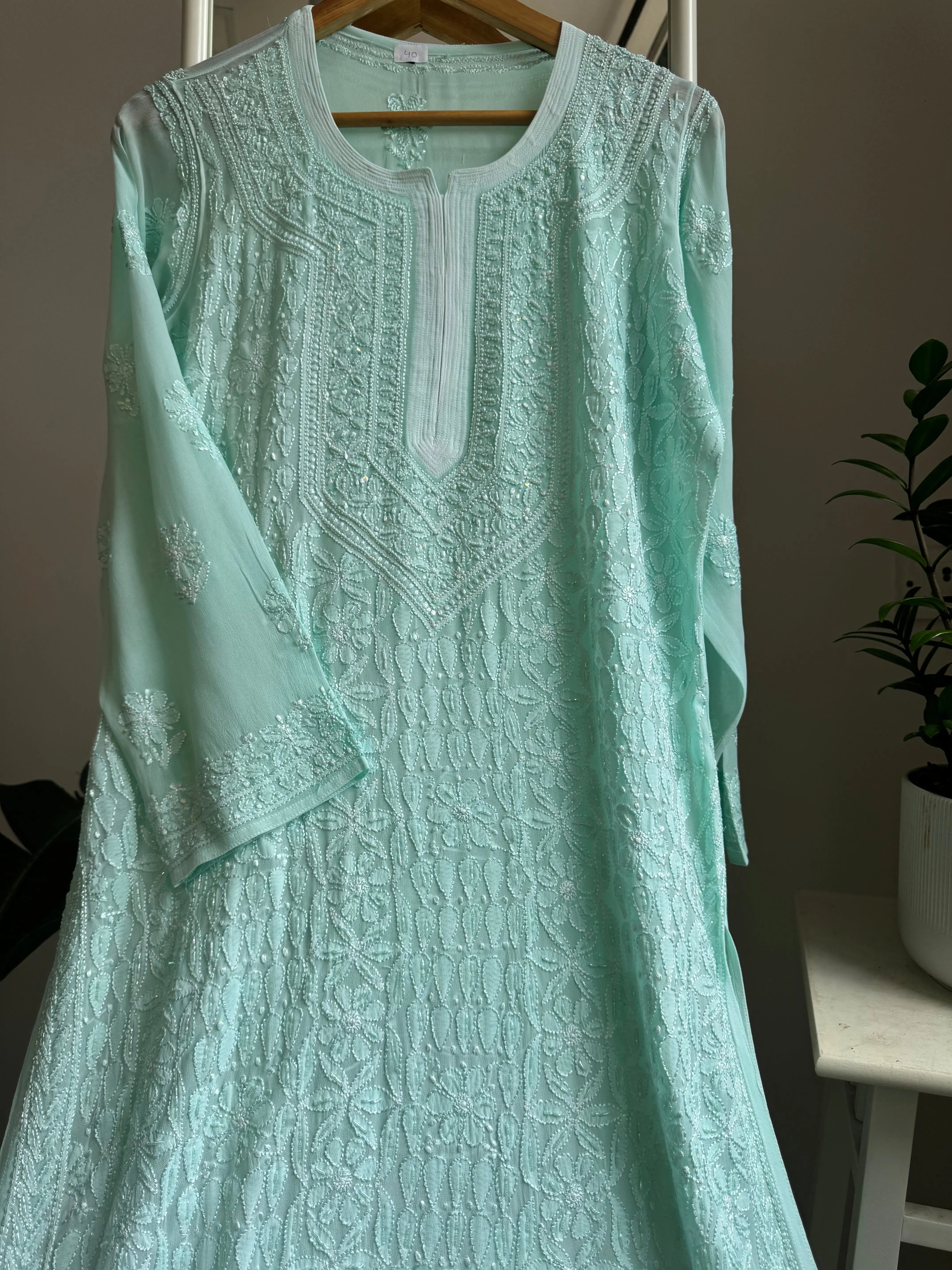 Viscose Kurti with Pearl Add on Work - Cyan Green ARIAA CHIKANKARI 