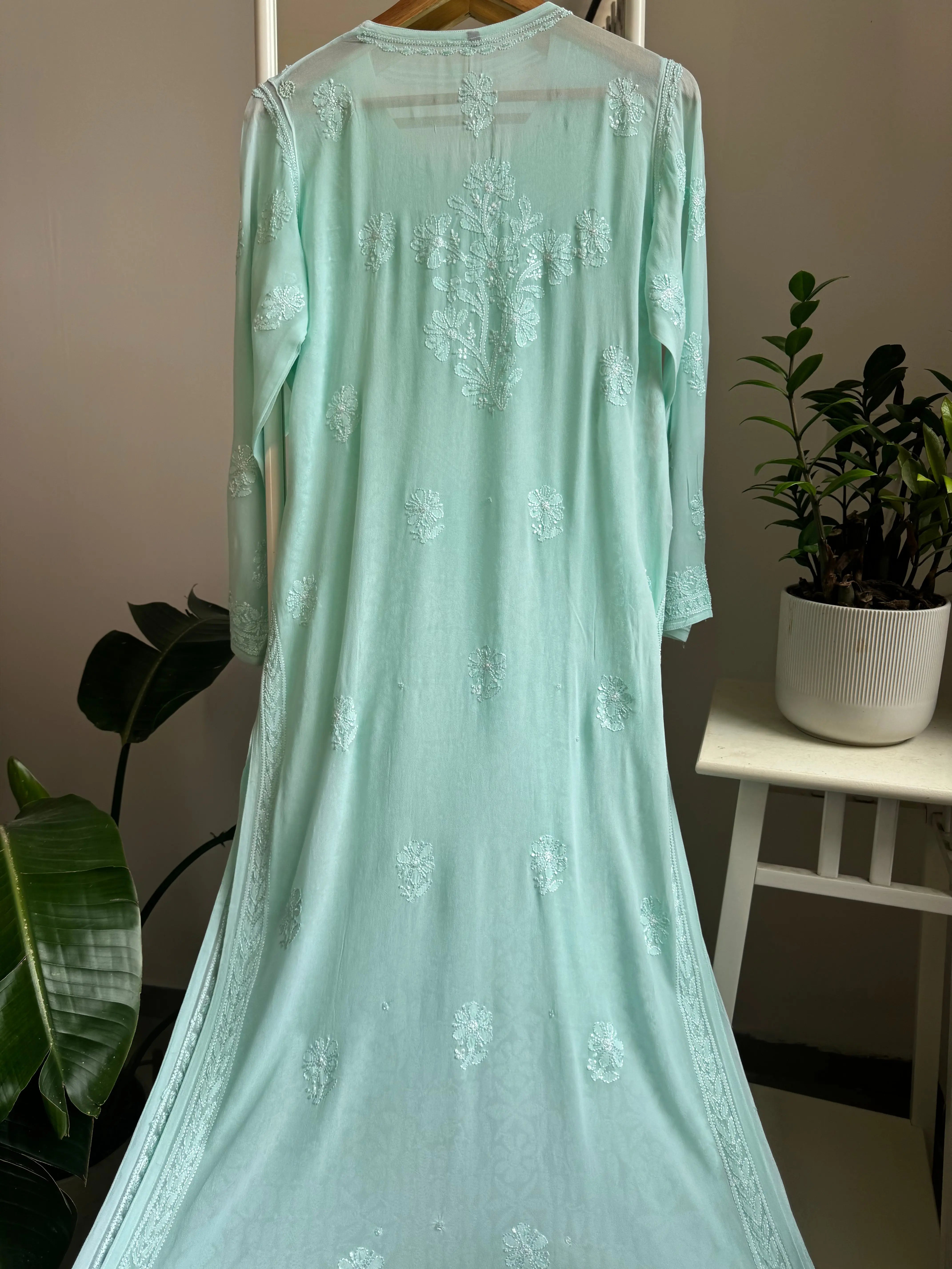 Viscose Kurti with Pearl Add on Work - Cyan Green ARIAA CHIKANKARI 