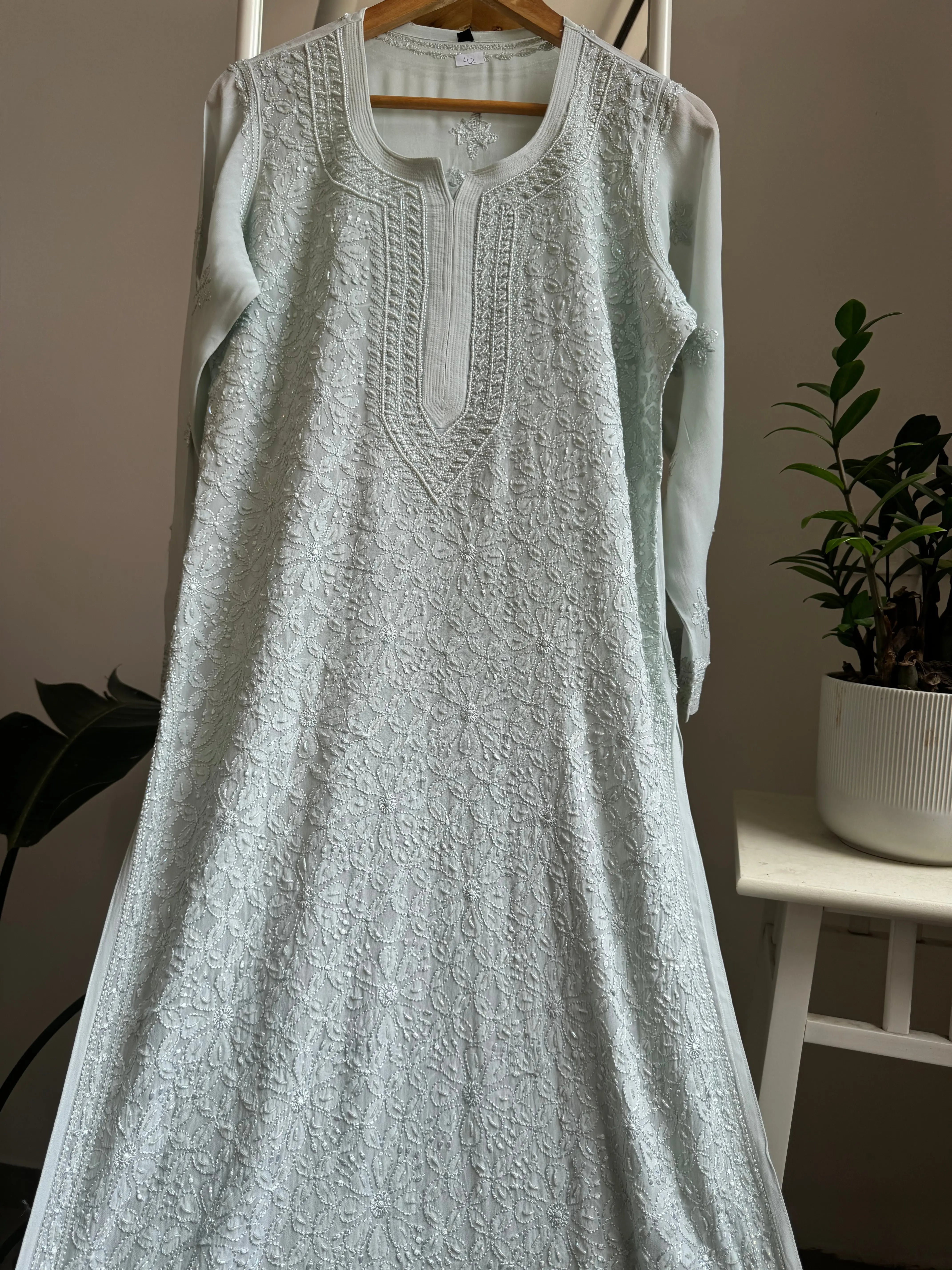 Viscose Kurti with Pearl  Work - Grey ARIAA CHIKANKARI 