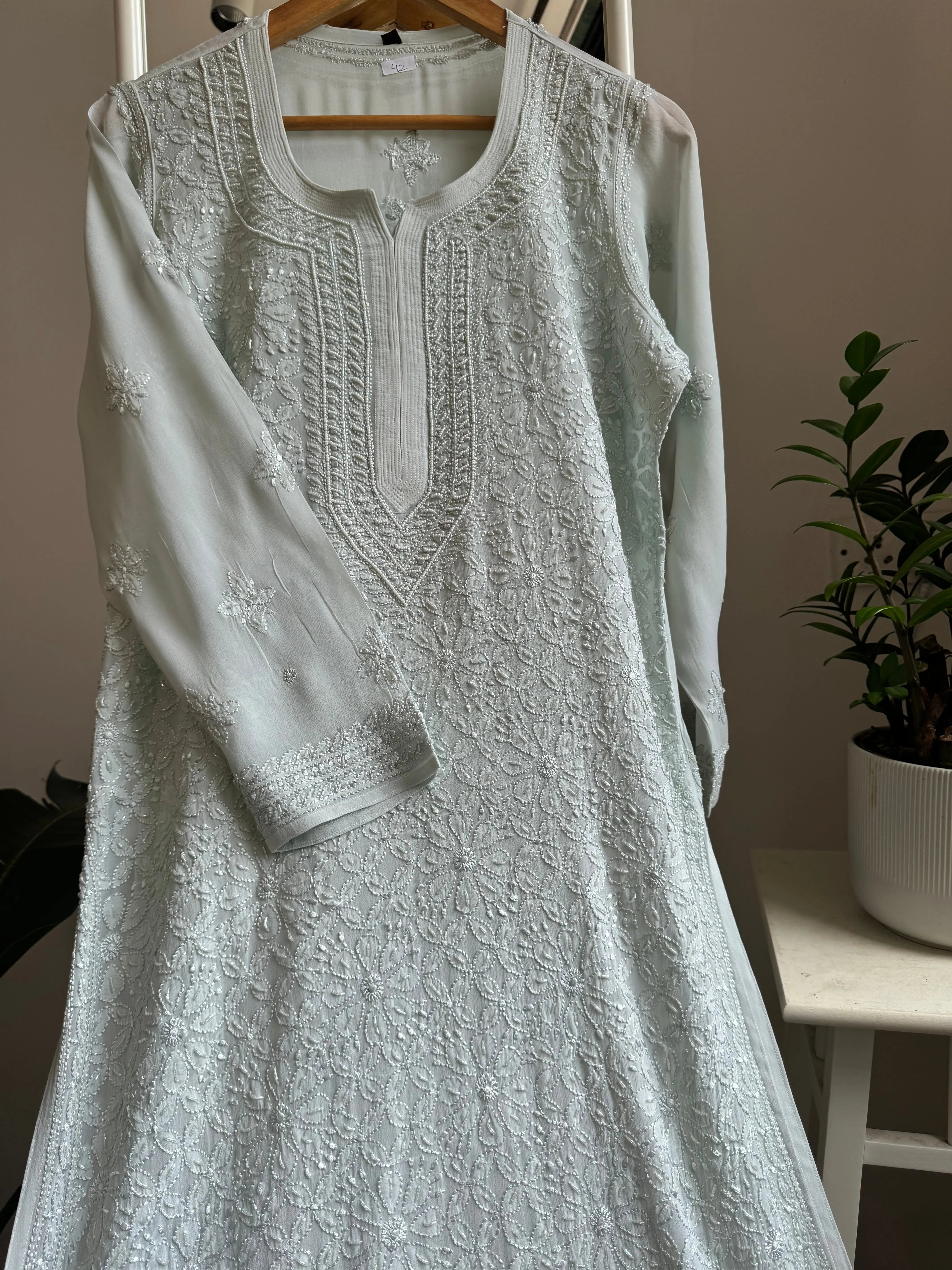 Viscose Kurti with Pearl  Work - Grey ARIAA CHIKANKARI 