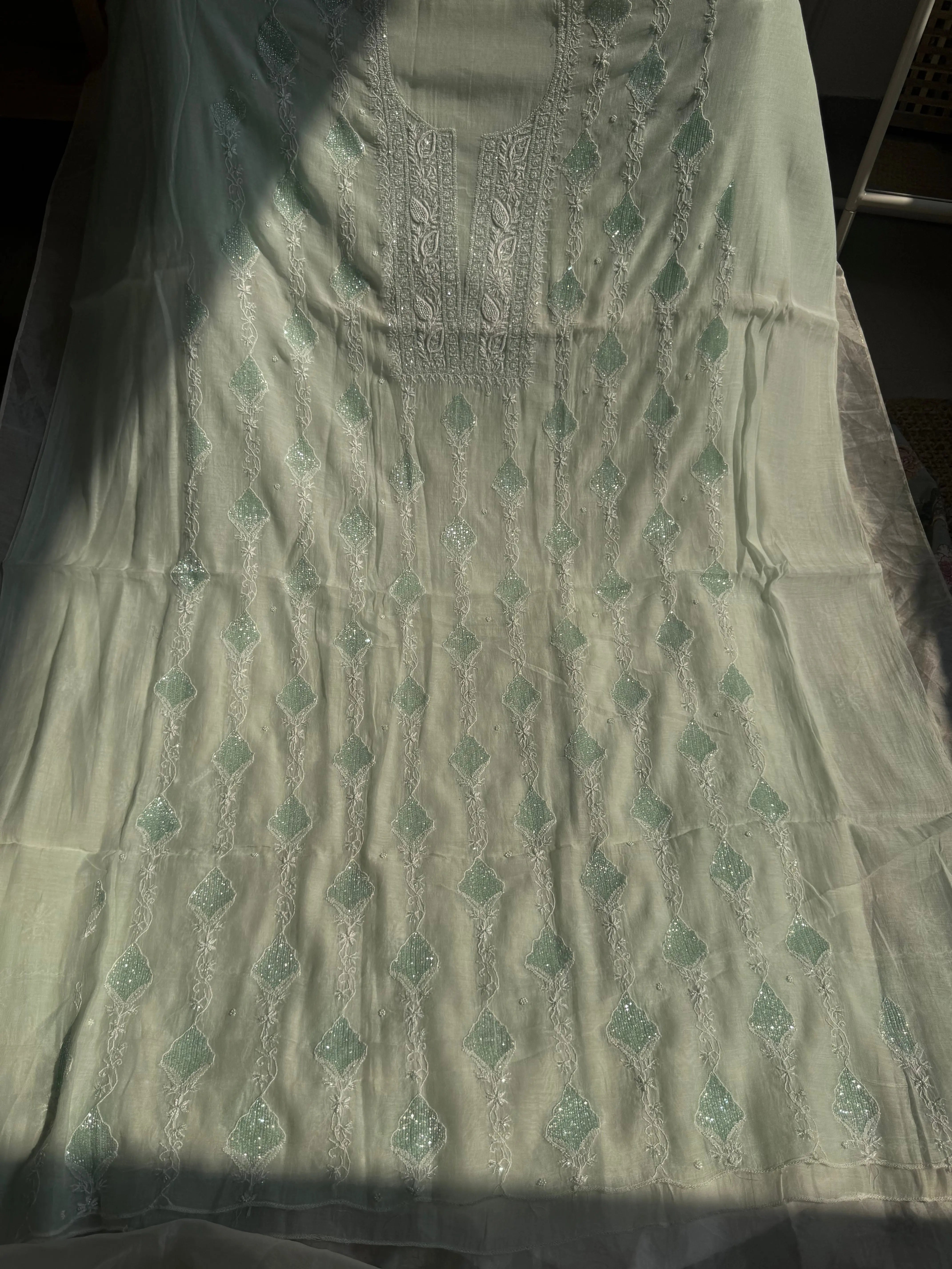 Mul Chanderi Chikankari - Heavy Unstitched Set - Cyan Blue ARIAA CHIKANKARI 