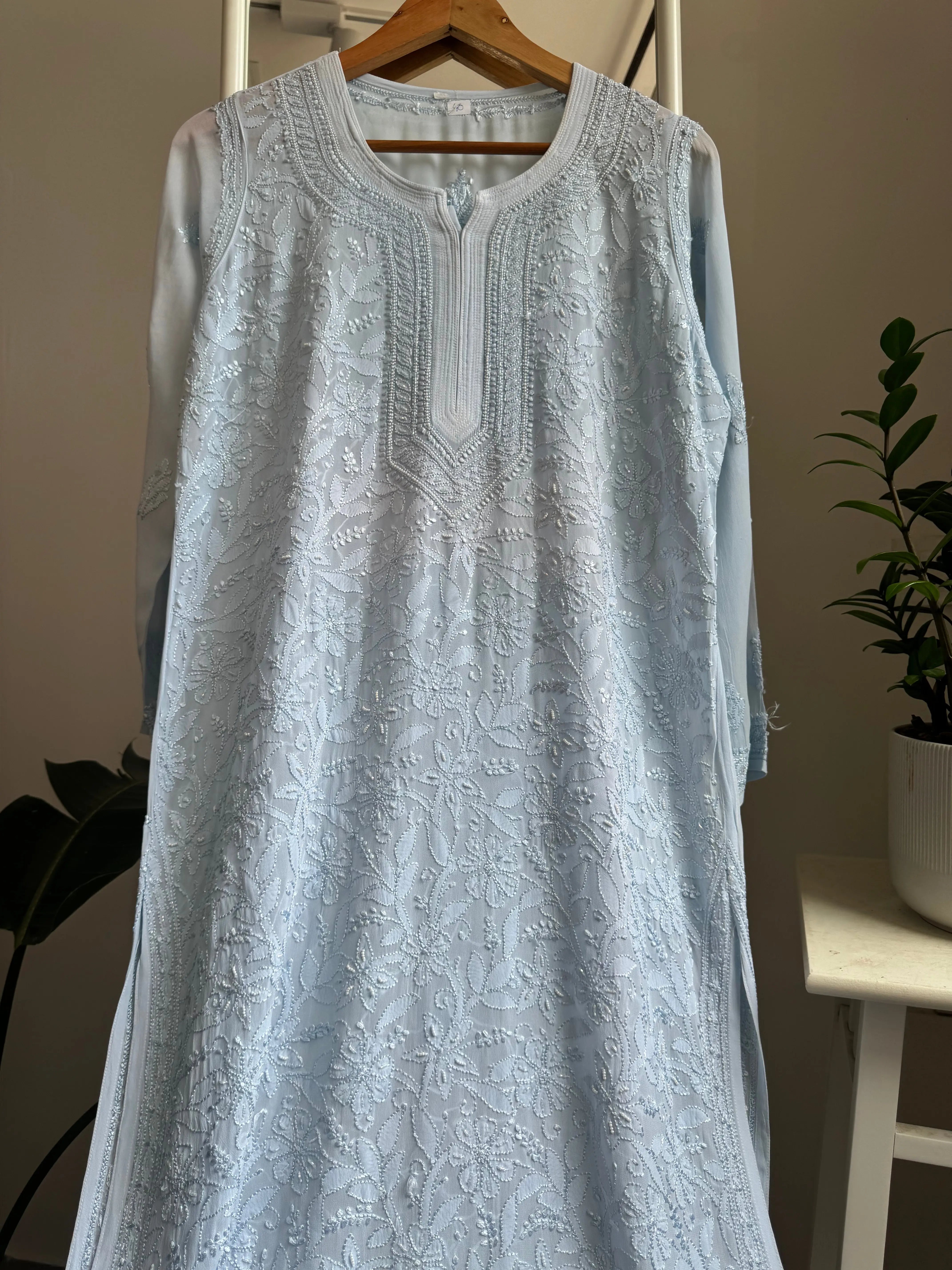 Viscose Kurti with Pearl  Work - Baby Blue ARIAA CHIKANKARI 