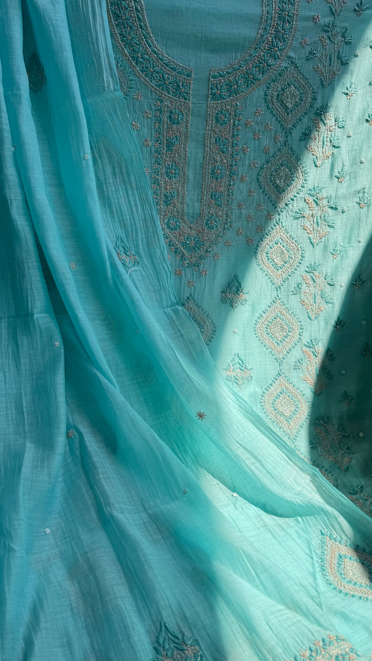 Mul Chanderi Chikankari - Unstitched Set - Multi Colour (Copy)