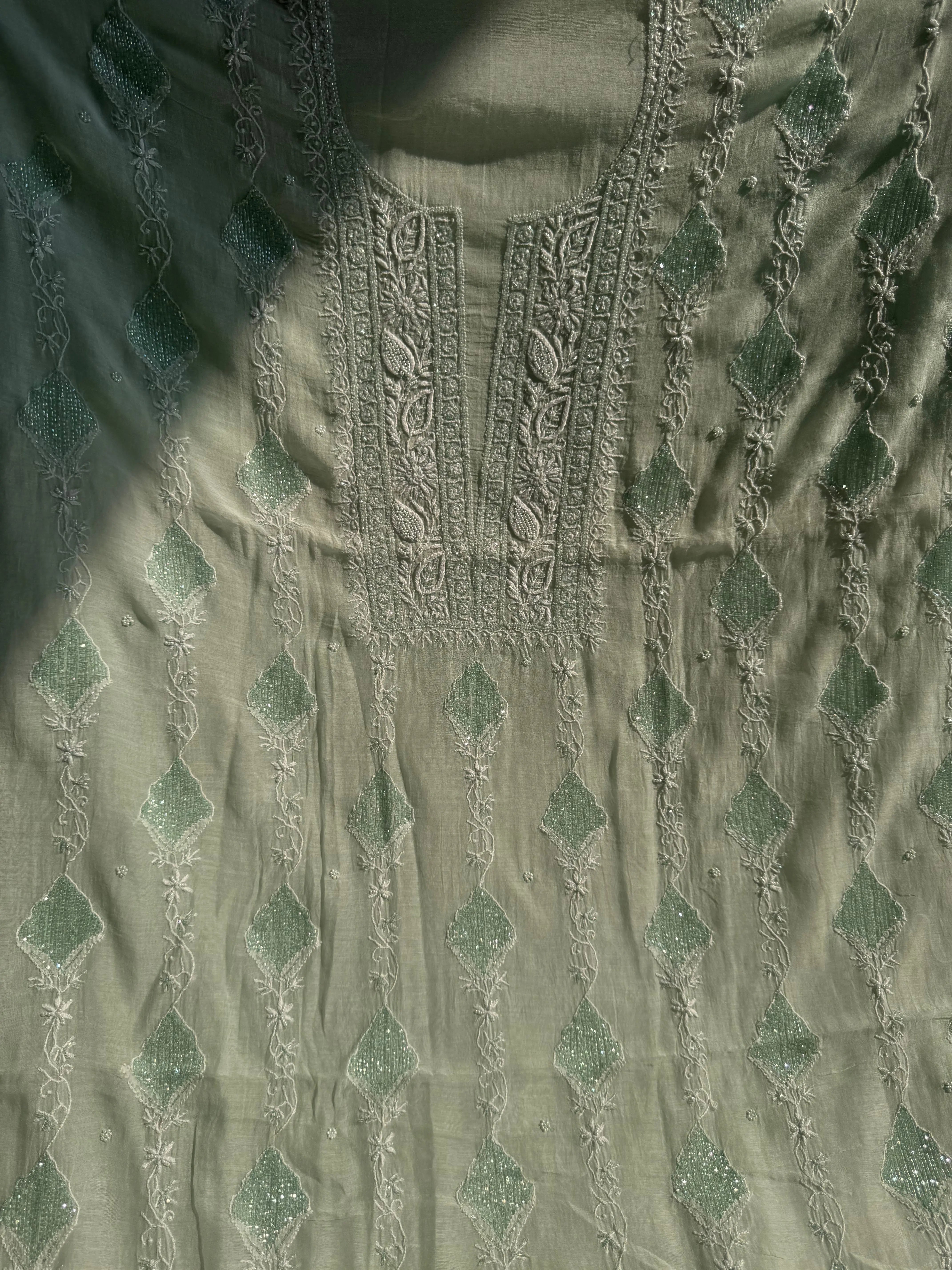 Mul Chanderi Chikankari - Heavy Unstitched Set - Cyan Blue ARIAA CHIKANKARI 
