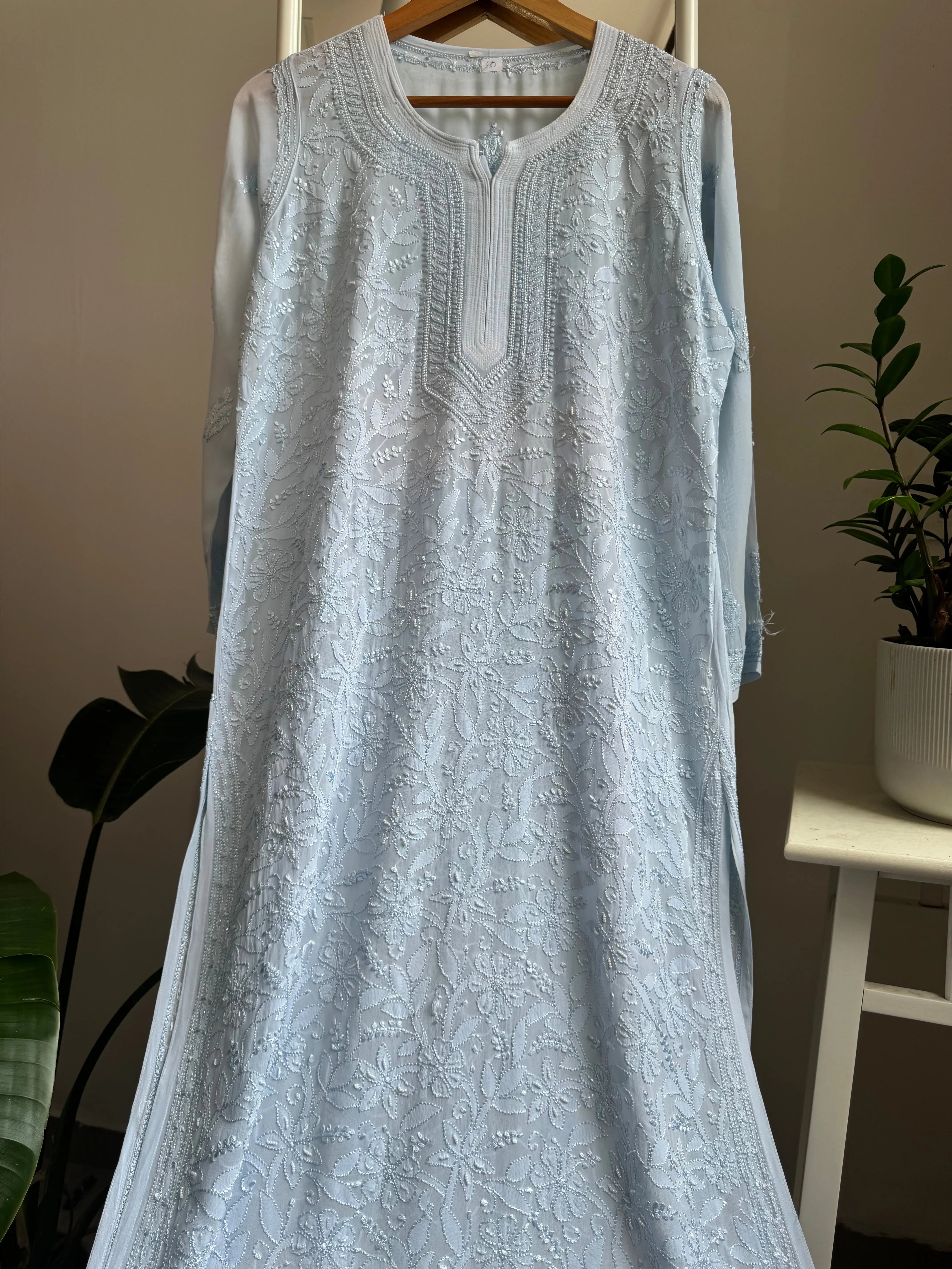 Viscose Kurti with Pearl  Work - Baby Blue ARIAA CHIKANKARI 