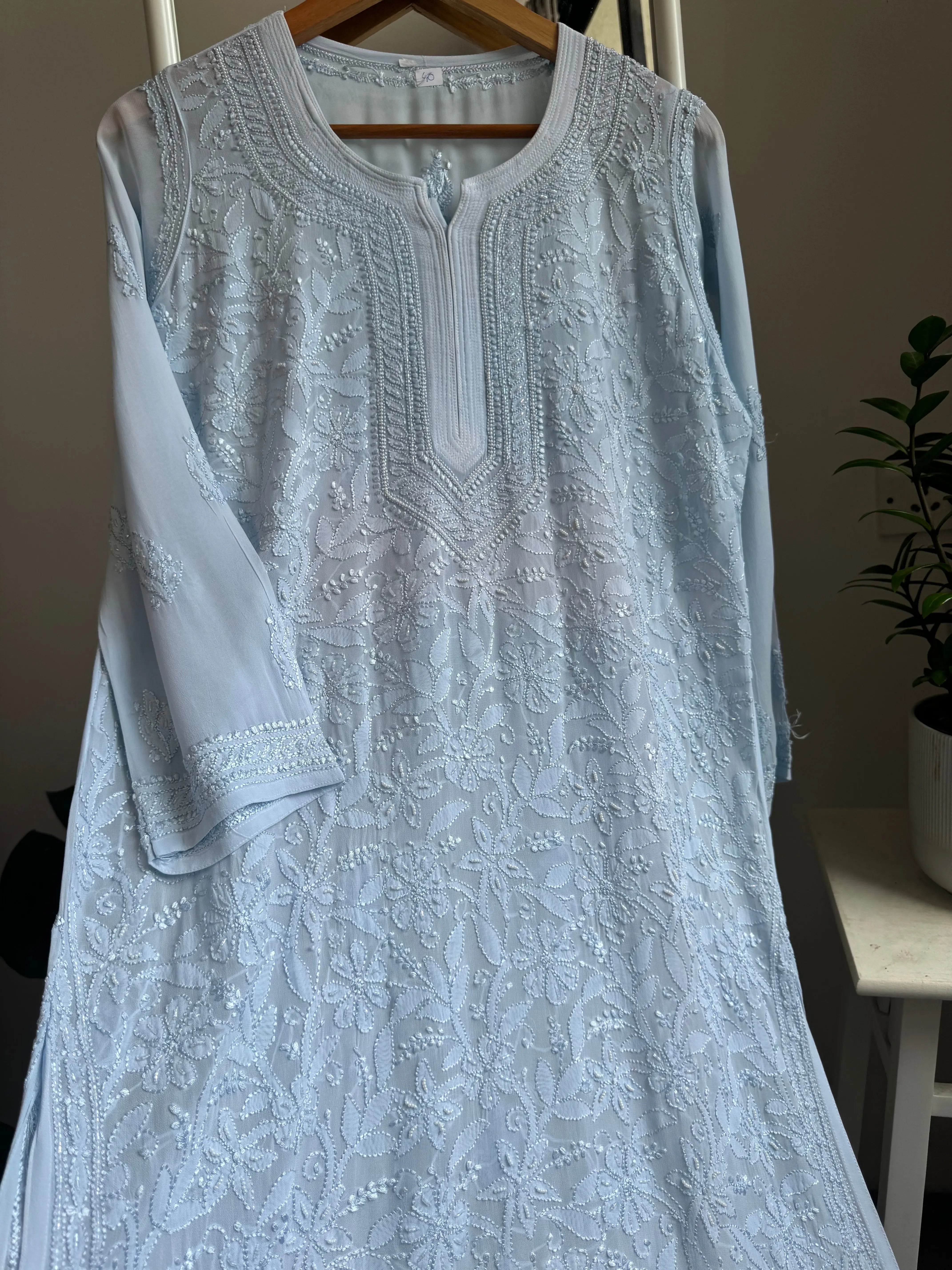 Viscose Kurti with Pearl  Work - Baby Blue ARIAA CHIKANKARI 