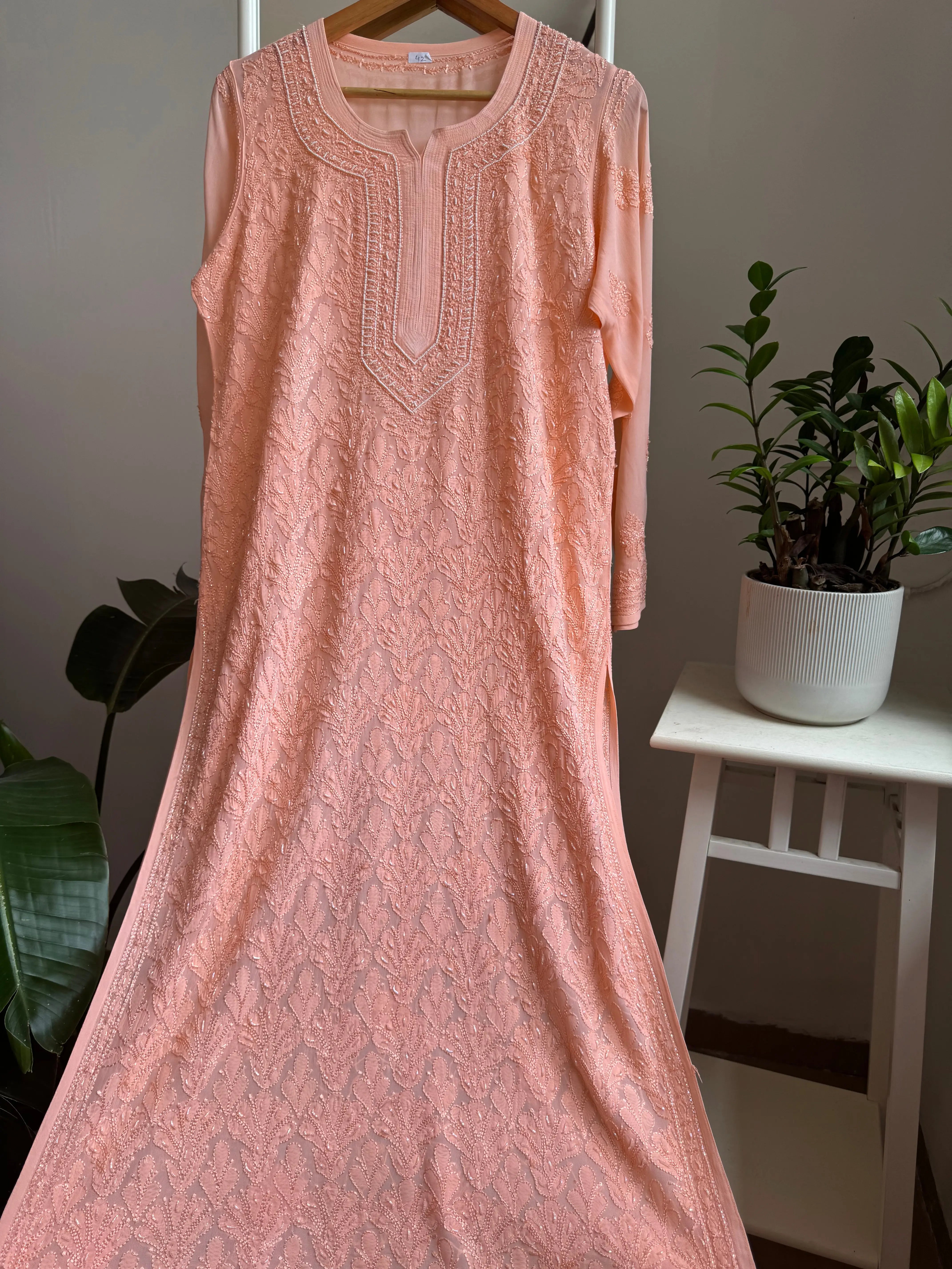 Viscose Kurti with Pearl Add on Work - Peach ARIAA CHIKANKARI 