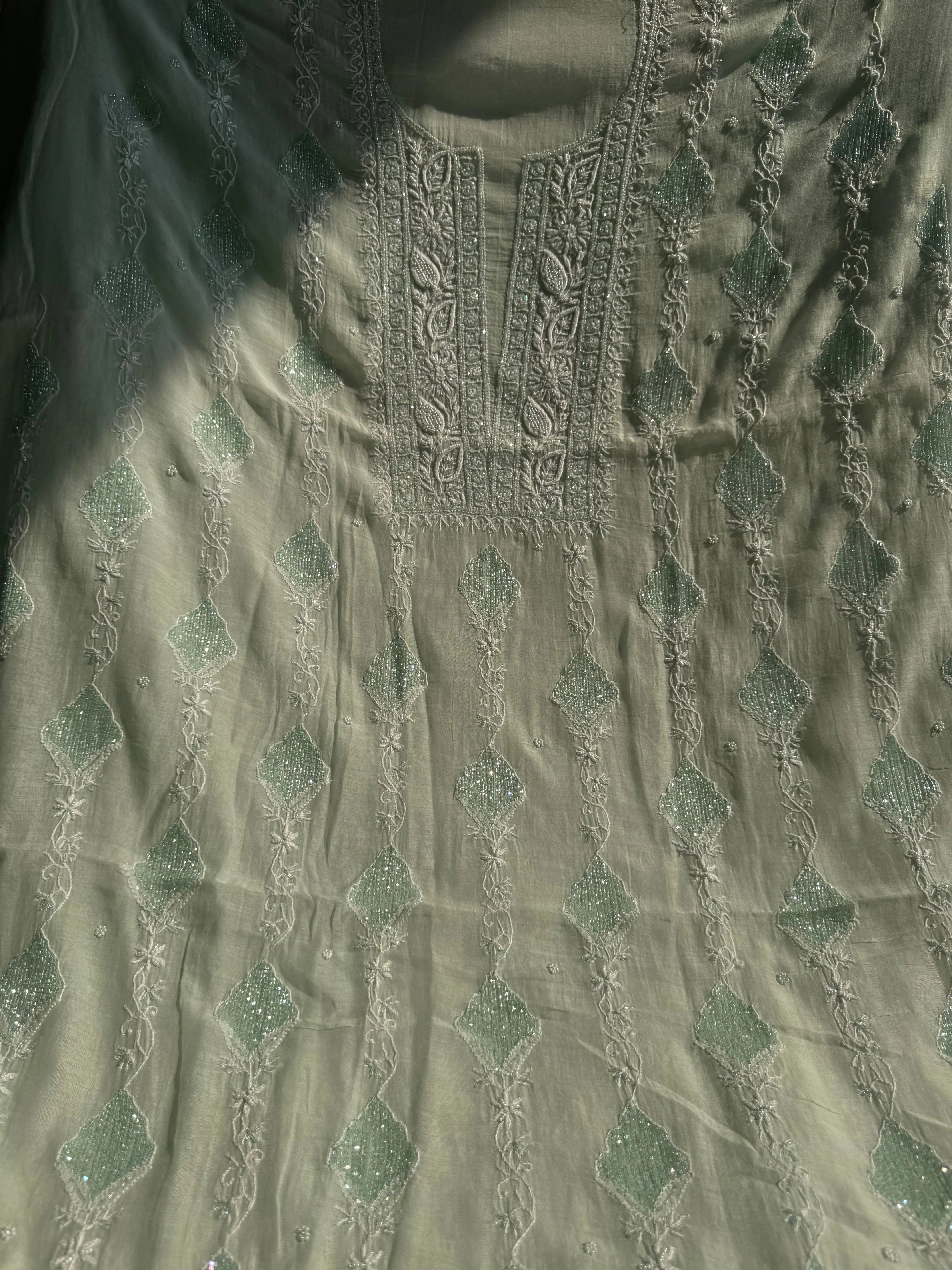 Mul Chanderi Chikankari - Heavy Unstitched Set - Cyan Blue ARIAA CHIKANKARI 
