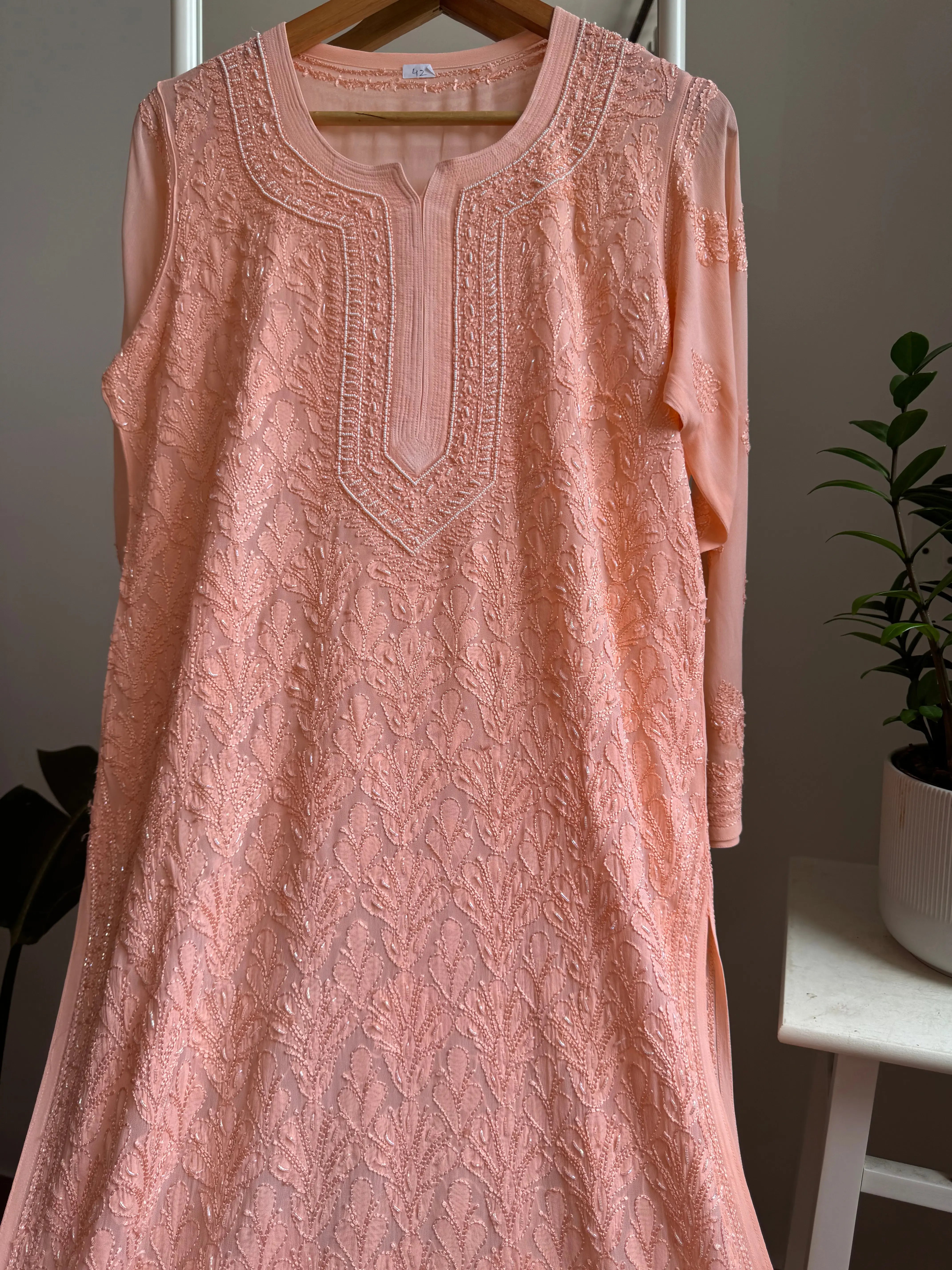 Viscose Kurti with Pearl Add on Work - Peach ARIAA CHIKANKARI 