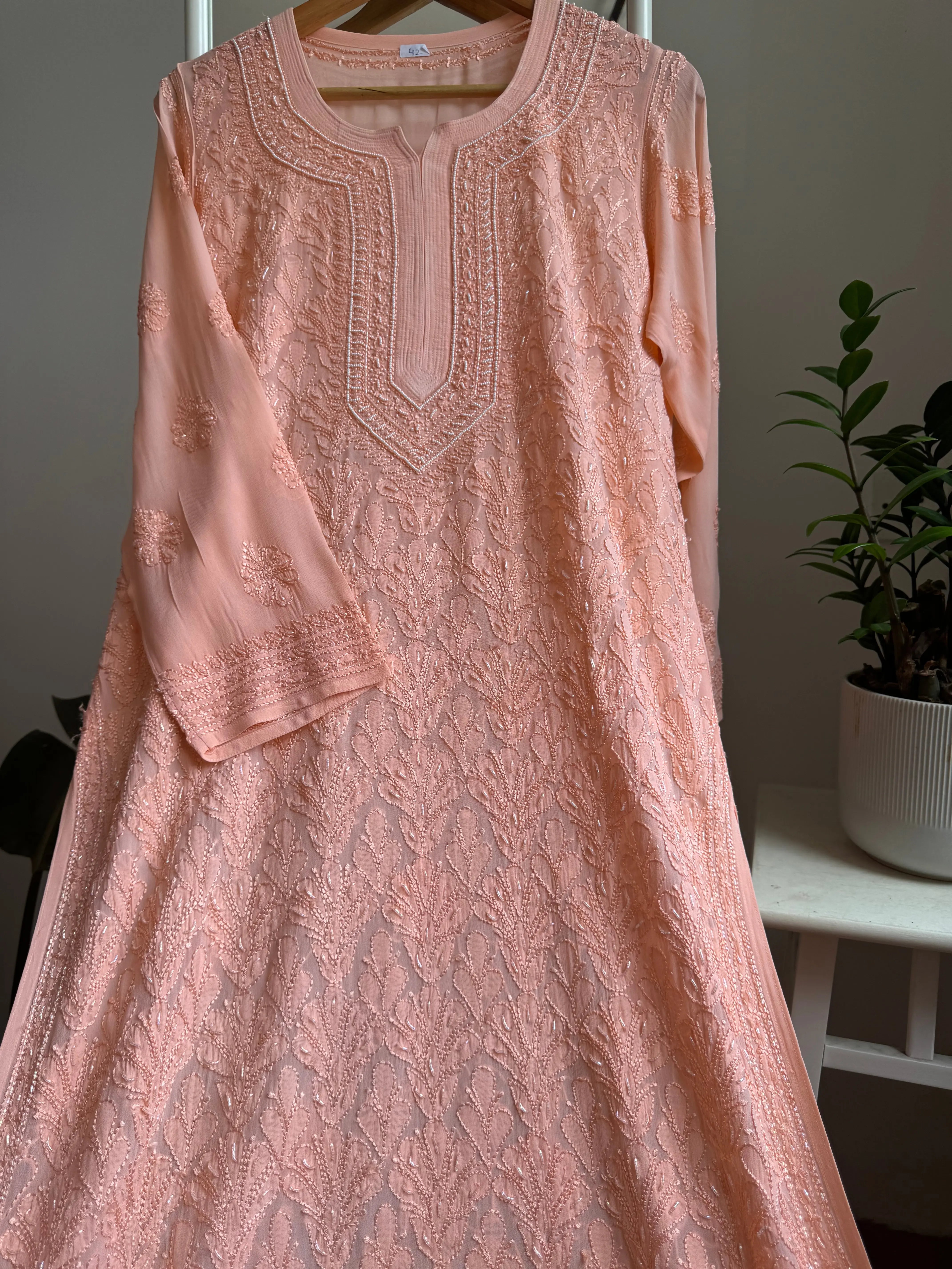 Viscose Kurti with Pearl Add on Work - Peach ARIAA CHIKANKARI 