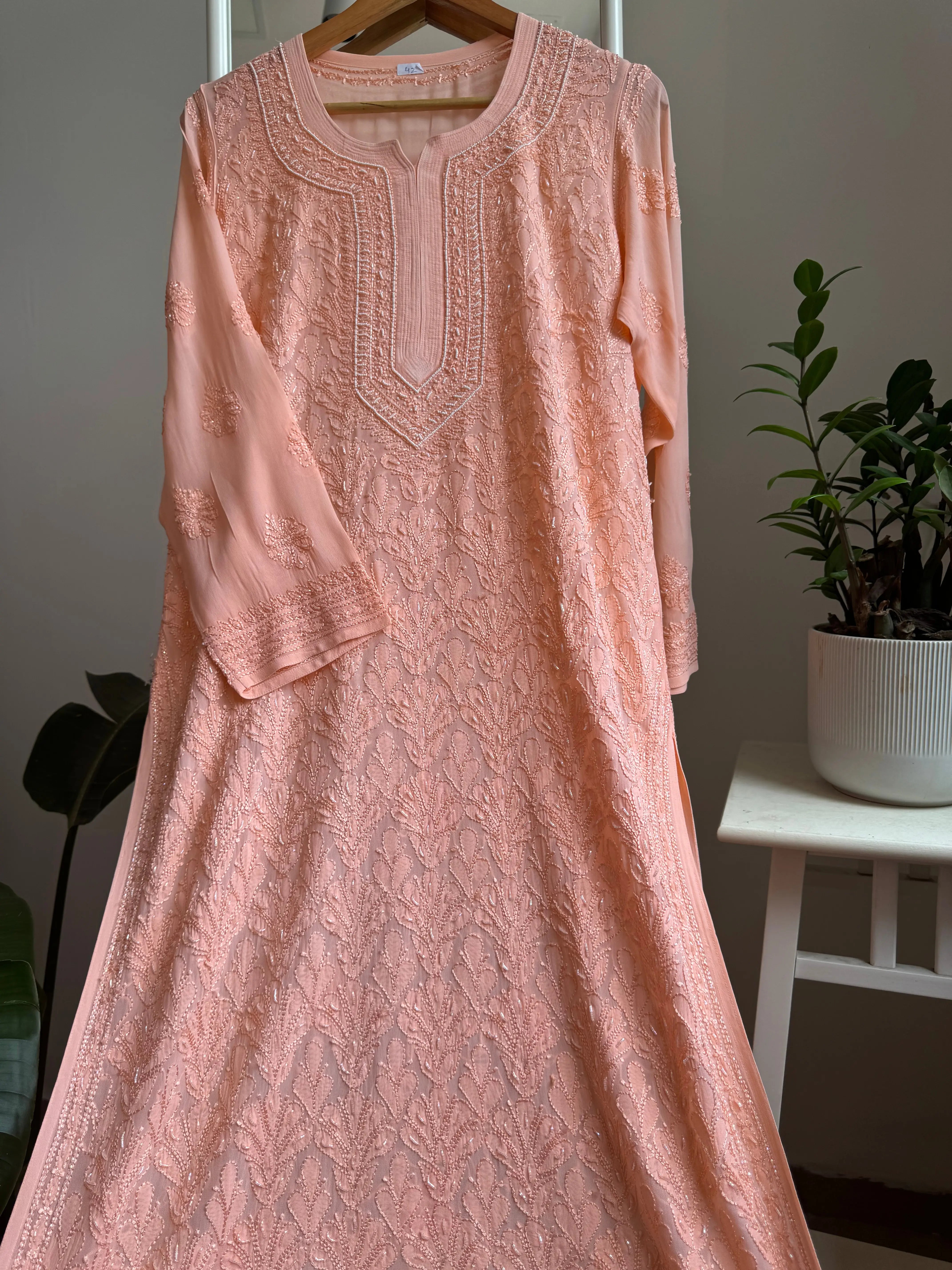 Viscose Kurti with Pearl Add on Work - Peach ARIAA CHIKANKARI 