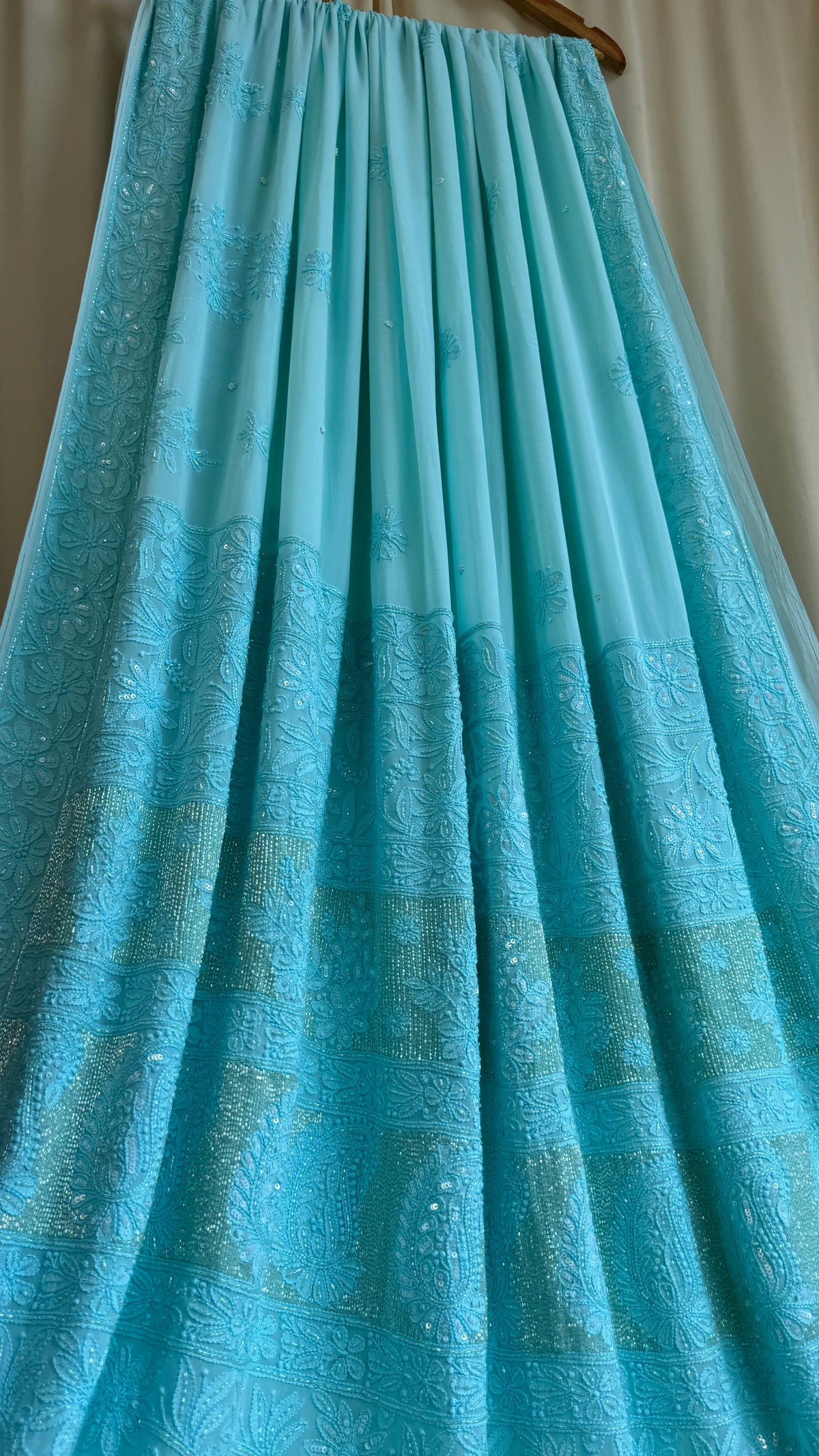 Viscose Chikankari saree with Pearl embellishments  Firozi Blue
